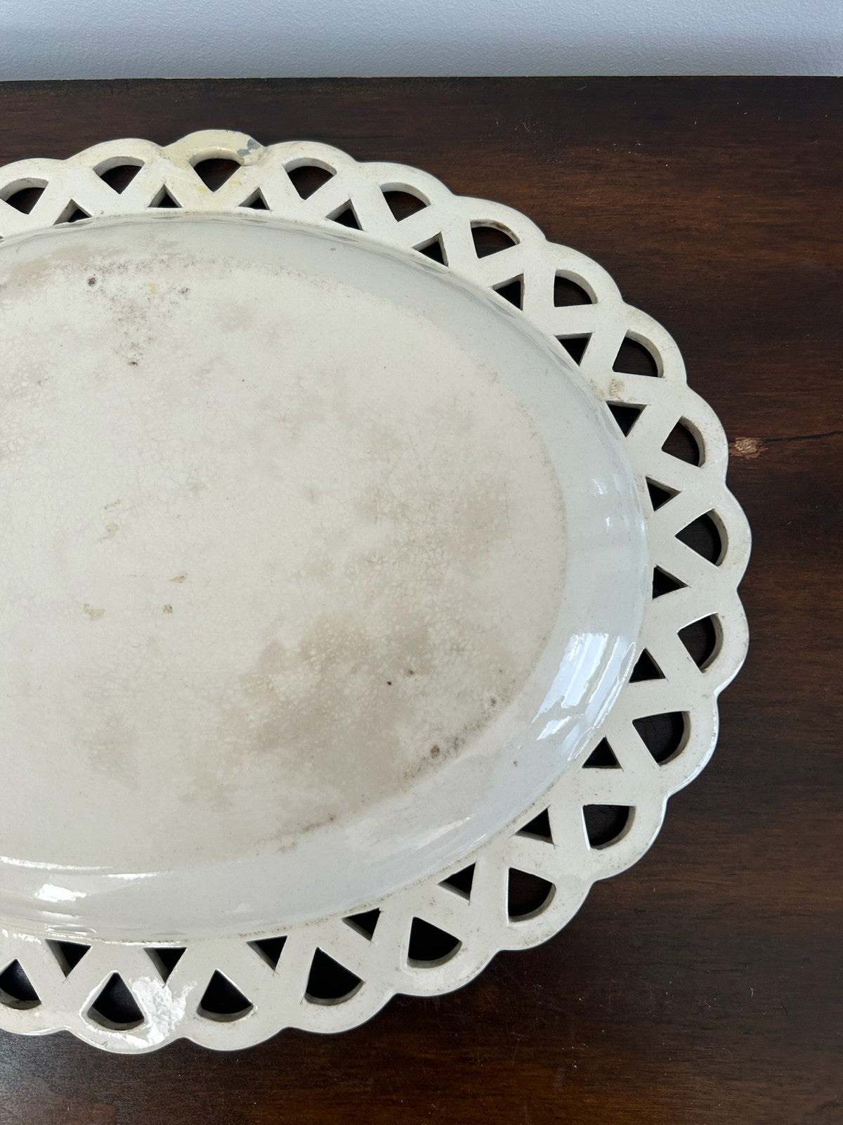 Antique Creamware Oval Dish Interlaced Pierced Border Brown Line7