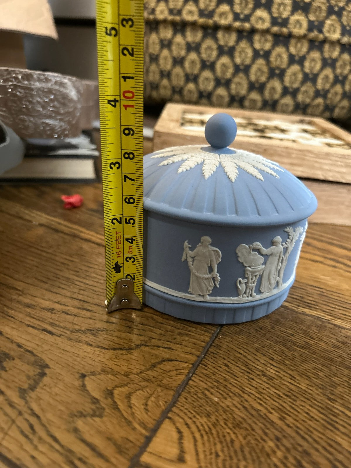 Wedgwood Pale Blue Jasperware Round Lidded Trinket Box Classical White Relief4