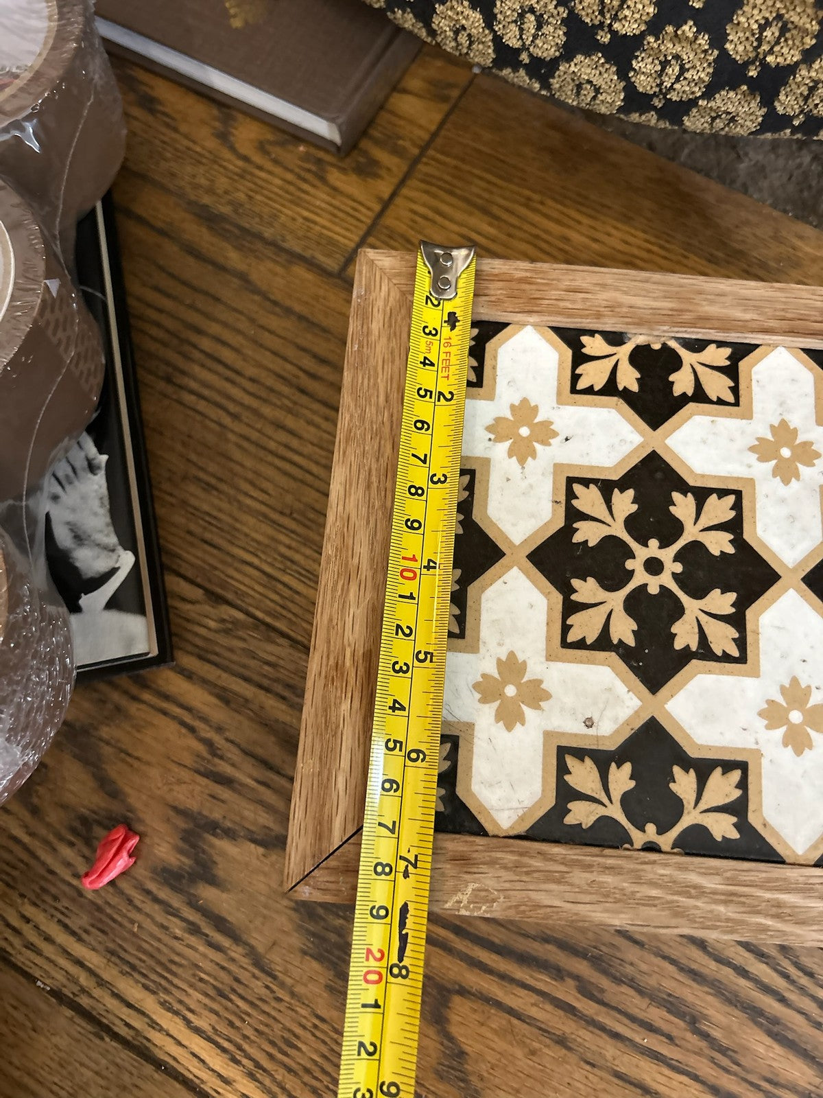 Antique Minton and Co Tile Brown Cream Quatrefoil Pattern Framed Trivet Stand2