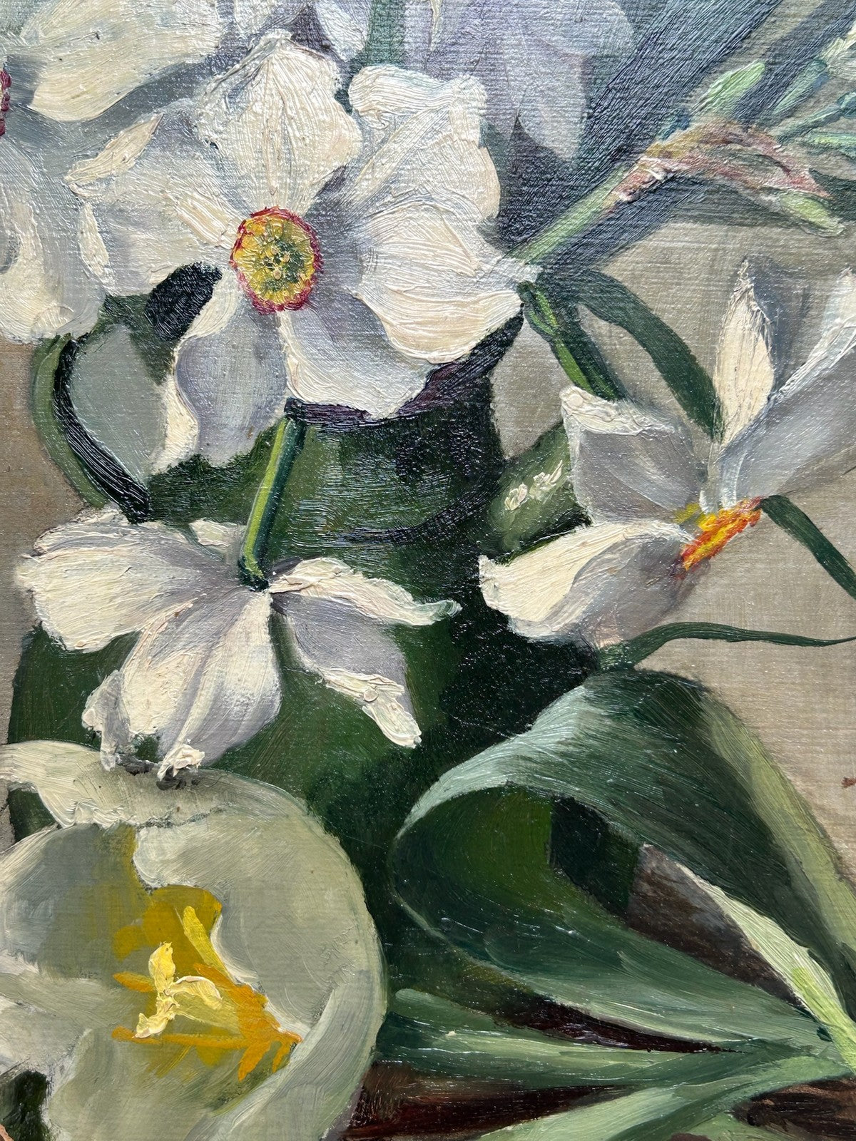Oil on Canvas Still Life Narcissi & White Tulip Unstretched Monogram B7