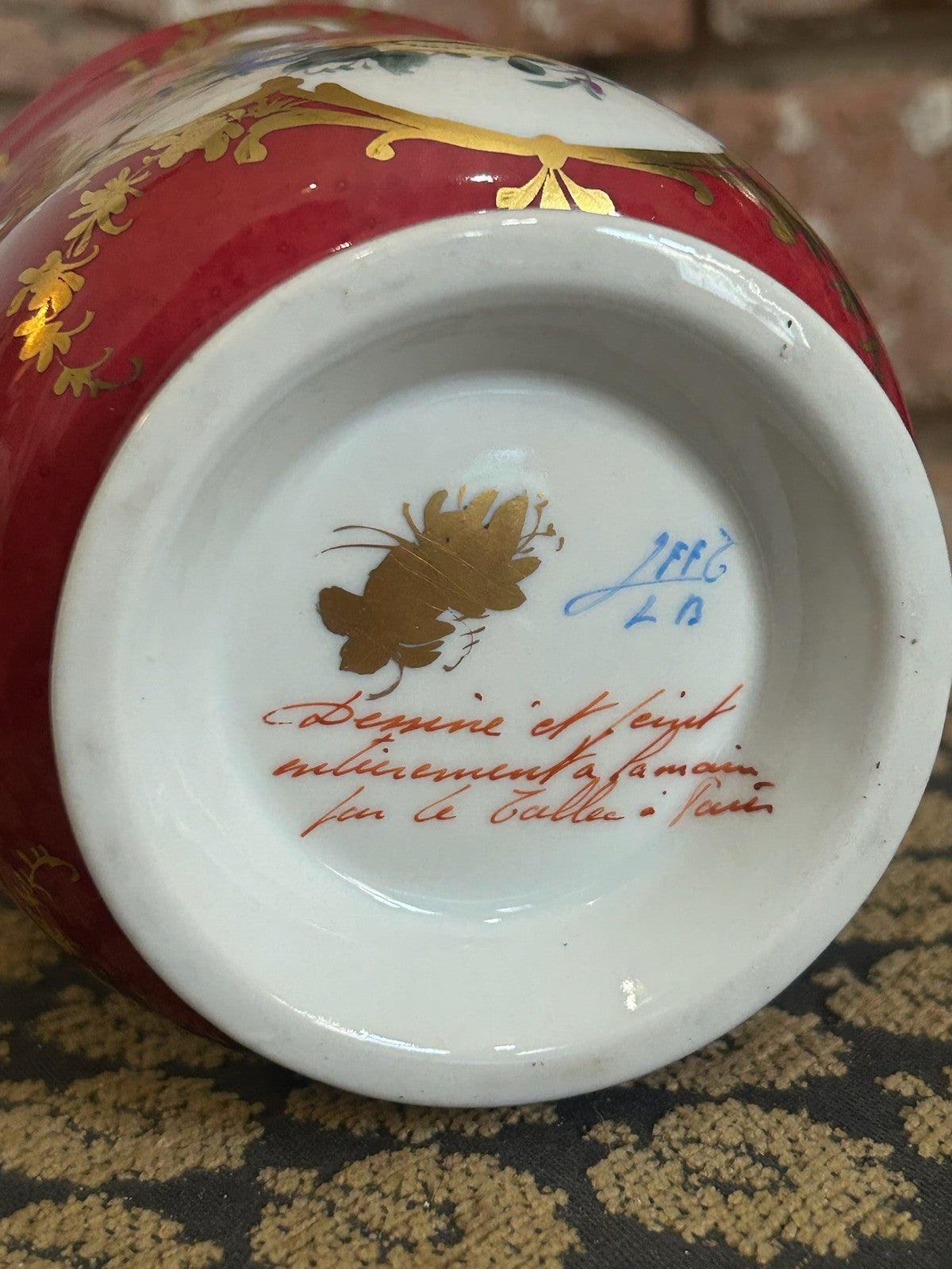 Le Tallec Paris Hand Painted Porcelain Cachepot Crimson Gilt Floral Reserves15
