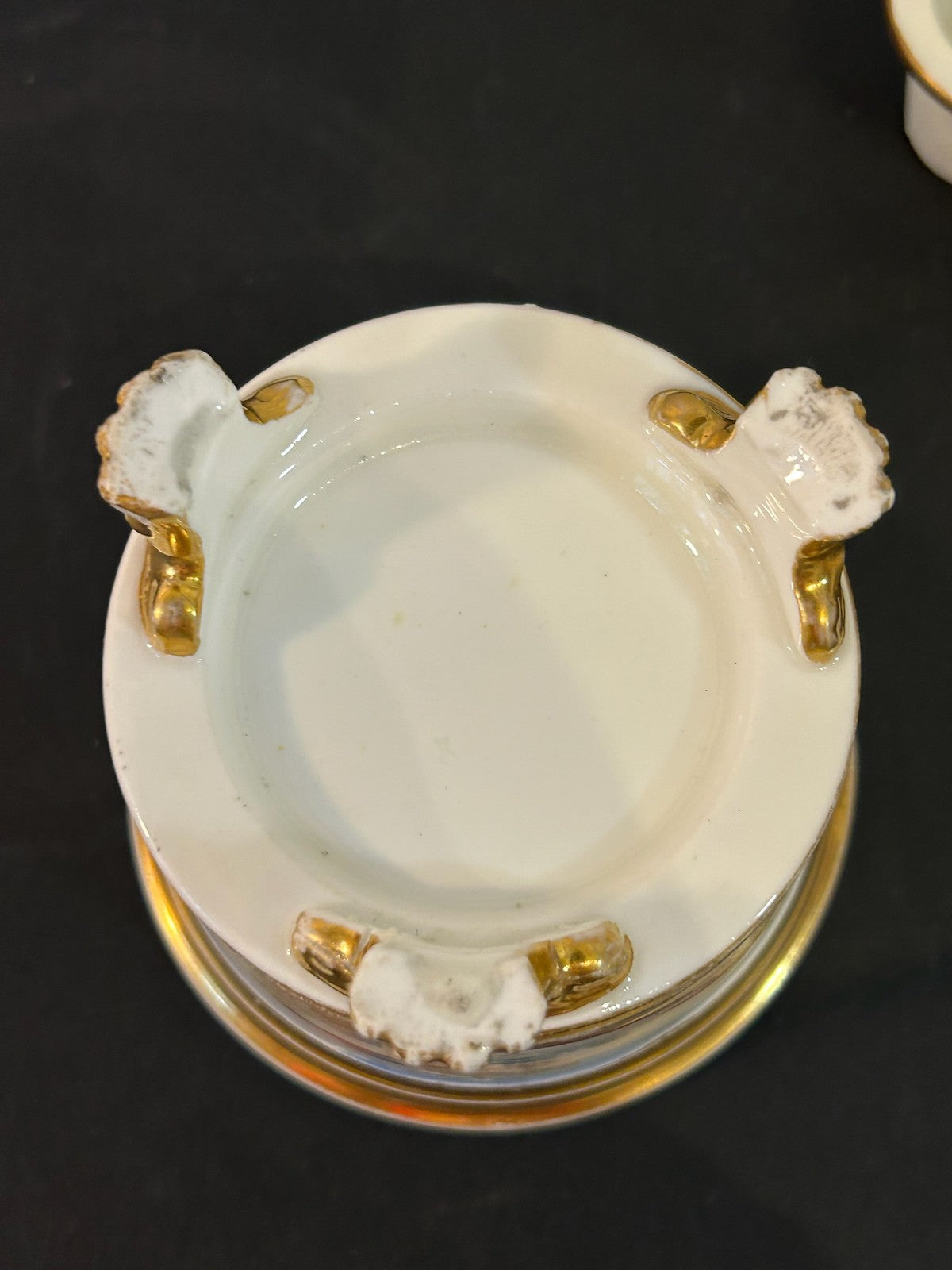 Antique English Porcelain Inkwell Painted Birds Gilt Lion Paw Feet c1820 A/F7