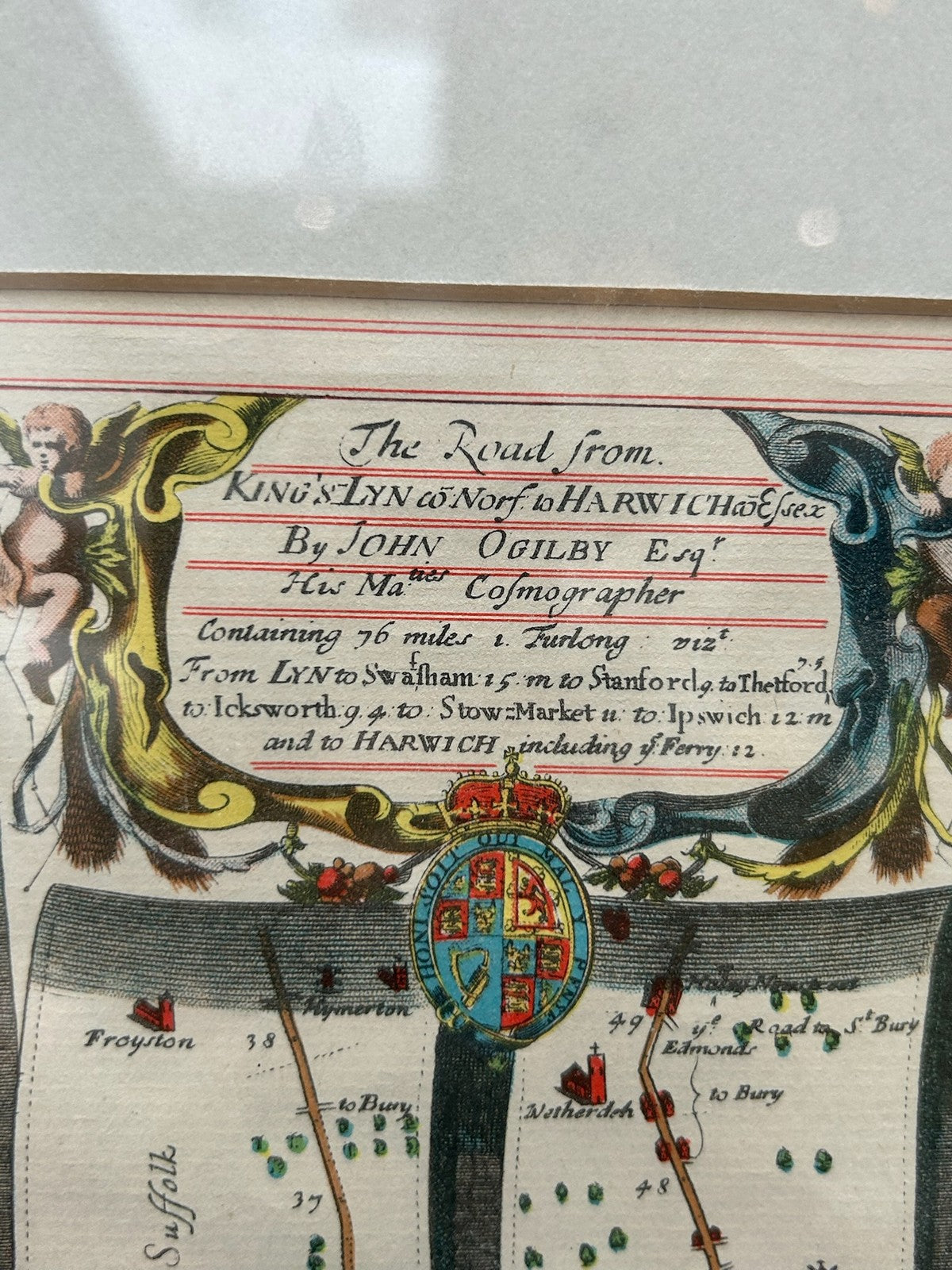 Pair John Ogilby Britannia Strip Road Maps Norfolk c1675 Hand Coloured Framed6