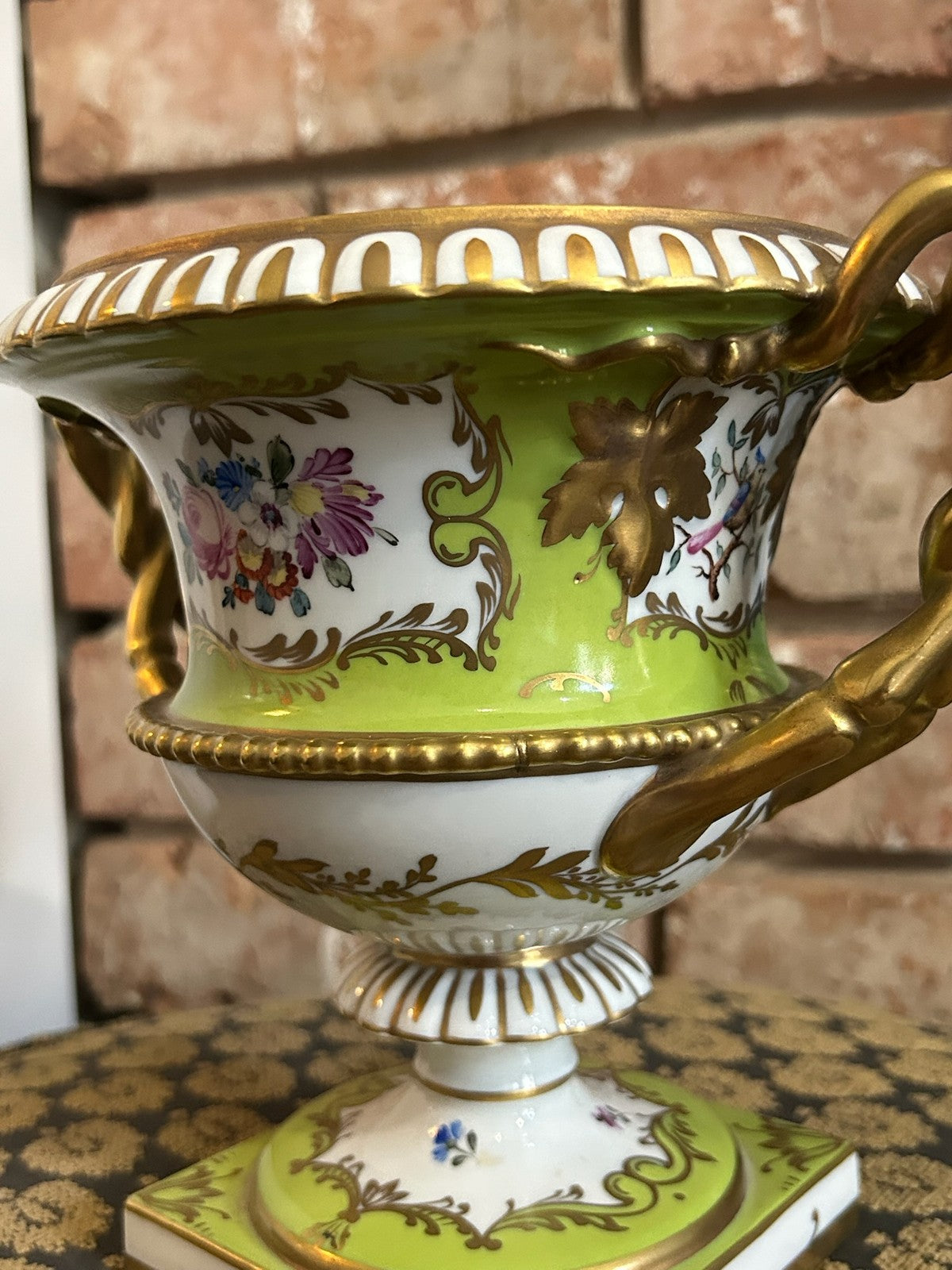 Dresden Porcelain Twin Handled Campana Urn Green Gilt Floral Reserves Plinth23