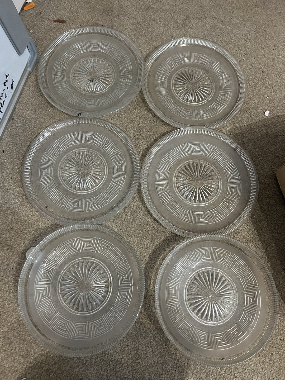 Set of 6 Cut Glass Star Burst Plates Greek Key Border Vintage 22cm1