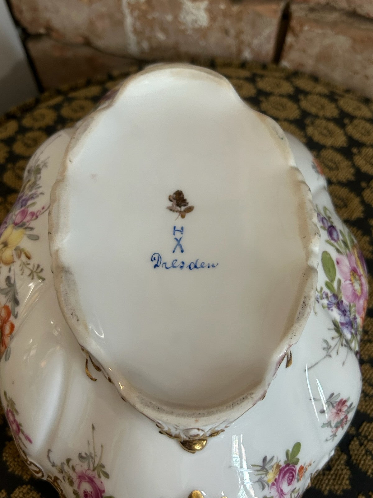 Dresden Porcelain Shaped Dish Hand Painted Flowers Gilt Scroll Rim Crown Mark19