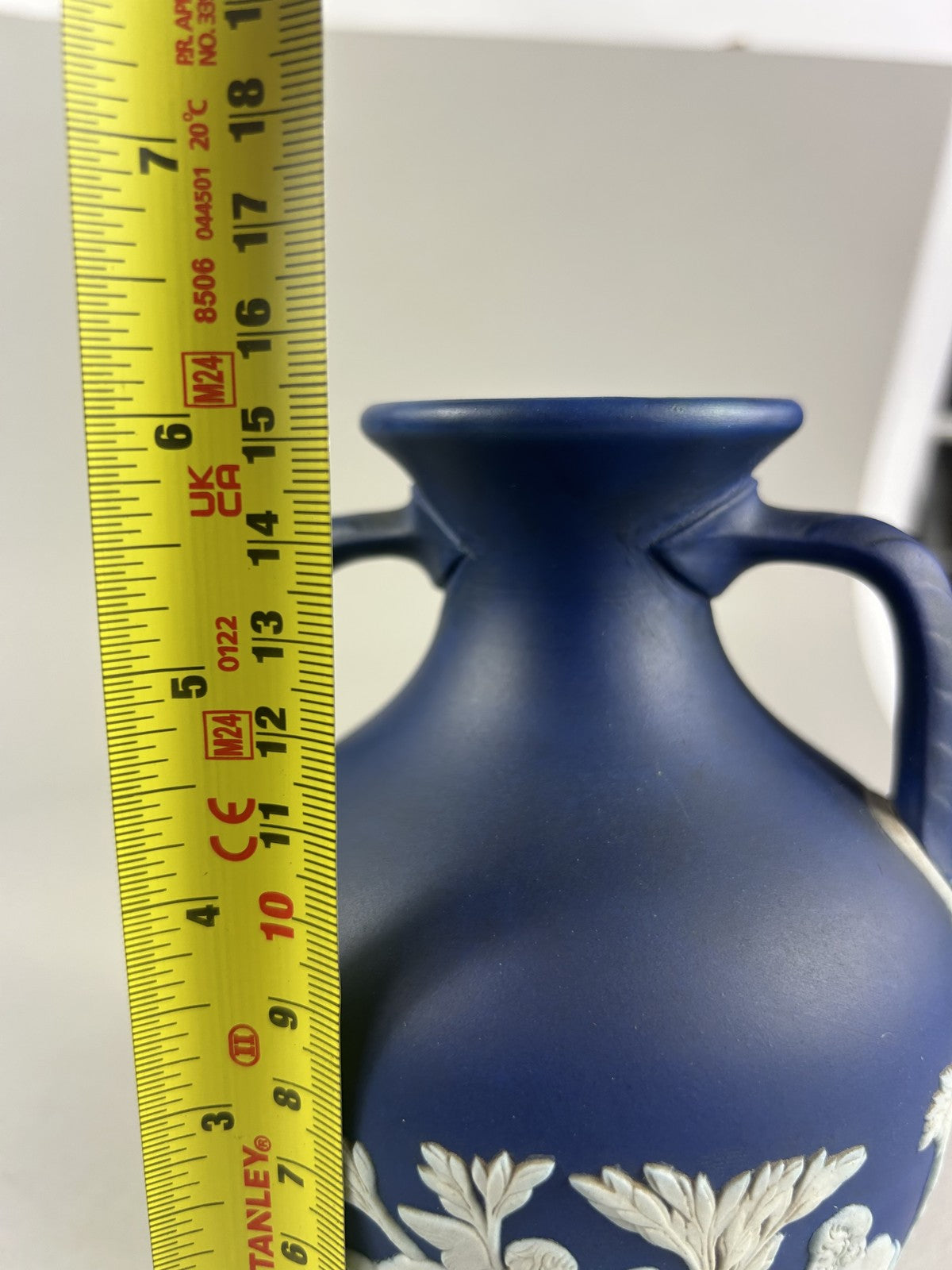 Wedgwood blue jasperware Portland Vase style miniature, 15cm