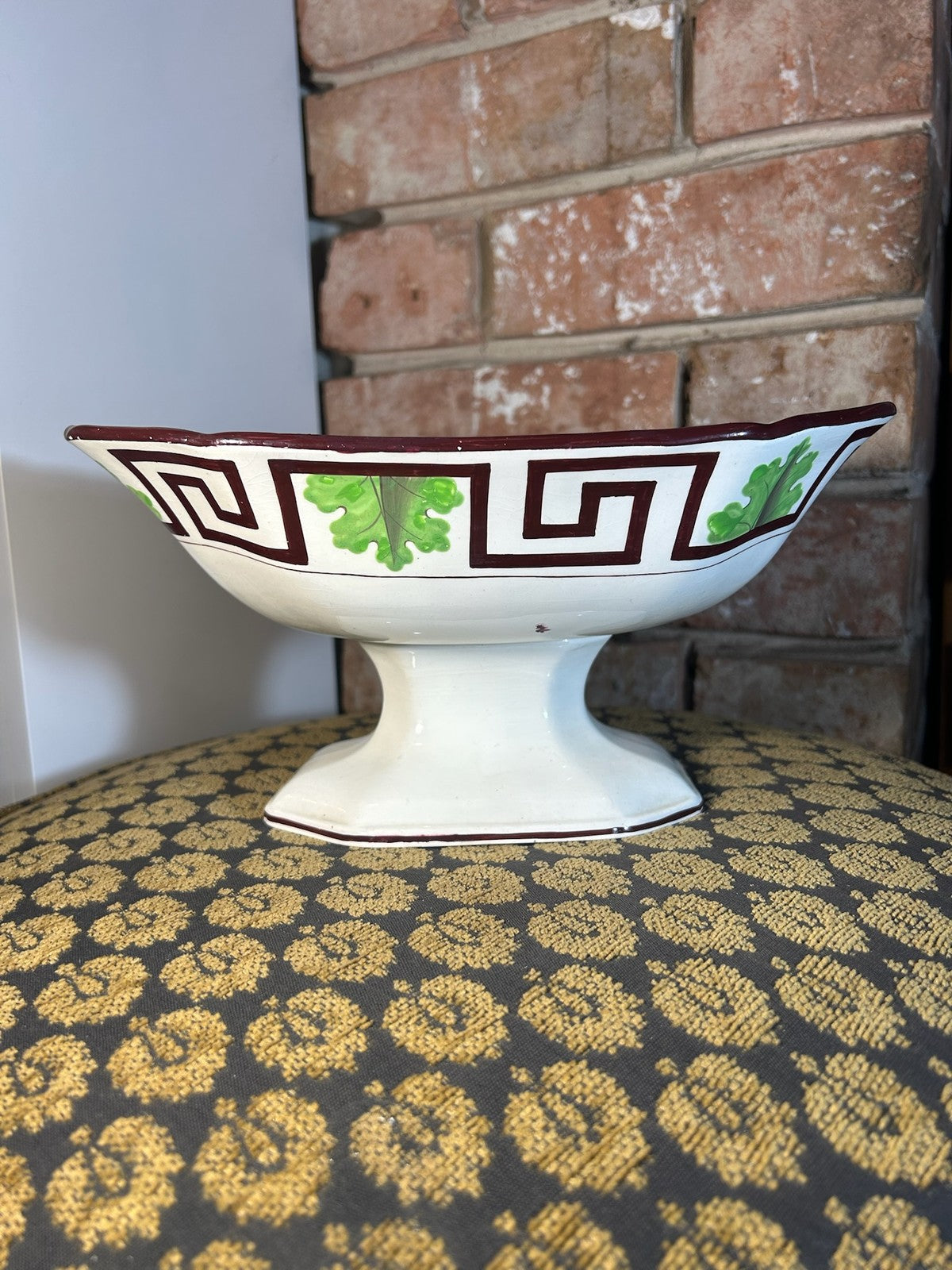 Antique Creamware Footed Dessert Dish Greek Key Green Leaves Octagonal c18105