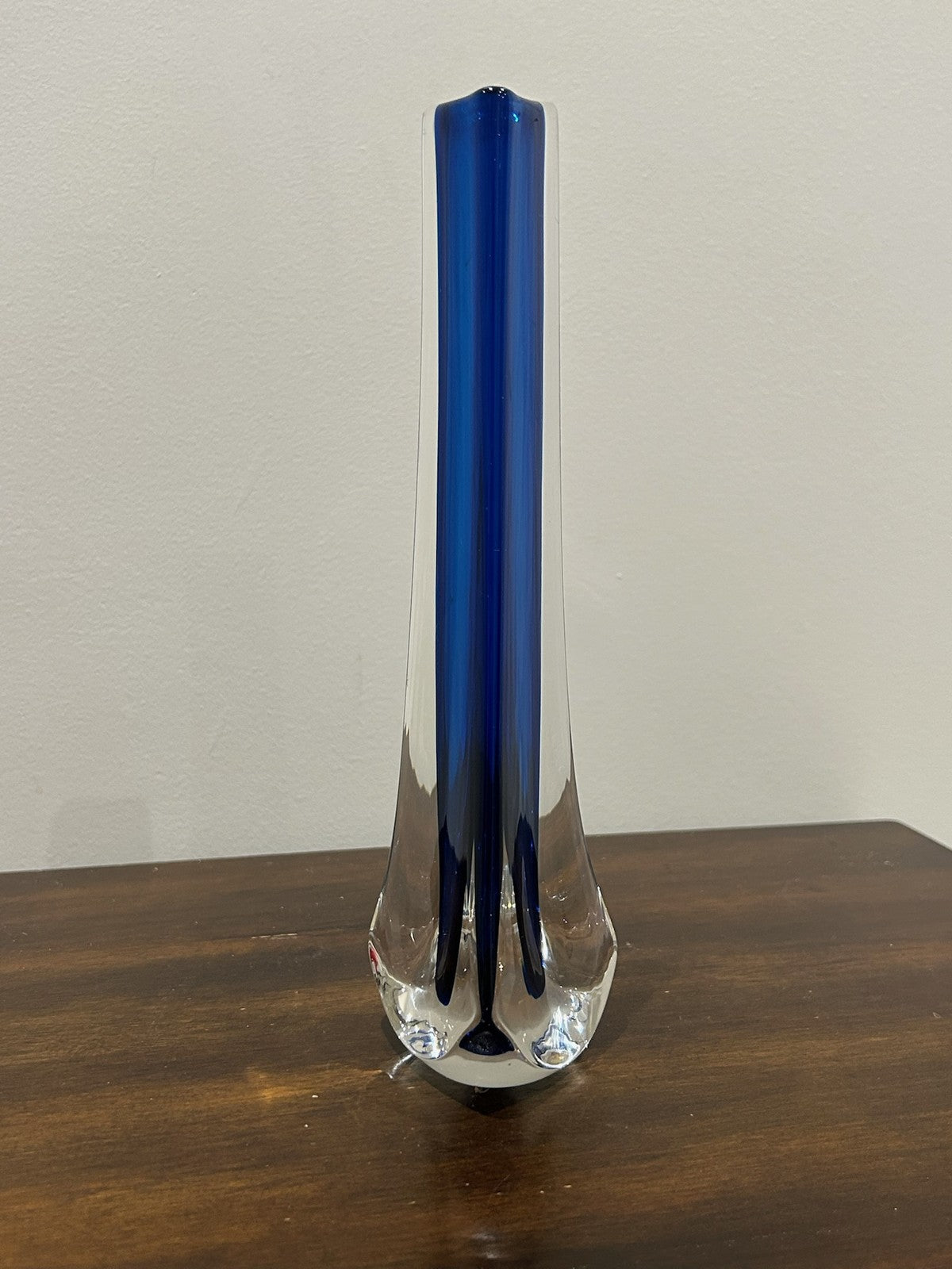 Mid Century Blue Cased Glass Bud Vase Clear Base4
