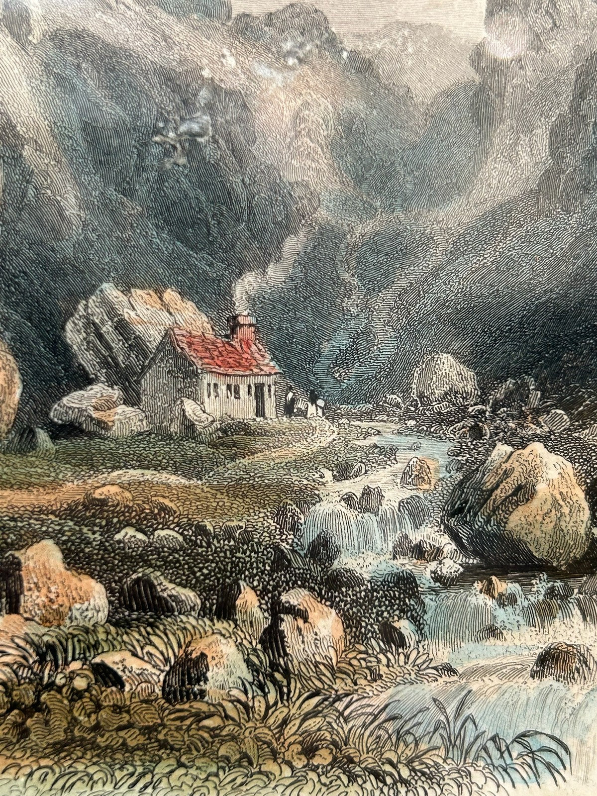 Antique 1865 France Voiron Chartreuse Valley Isere Waterfall Engraving Gilt Fram11