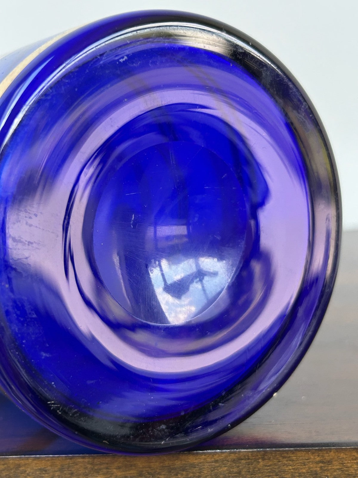Bohemian Hand Blown Cobalt Blue Glass Jug Gilt Bands8