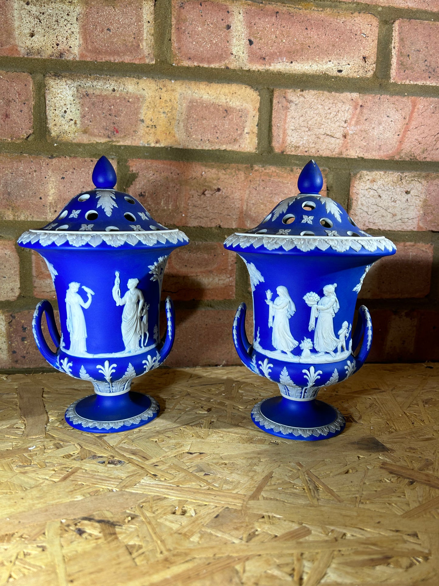 Wedgwood Pair Blue Potpourri Campana Urn Vases