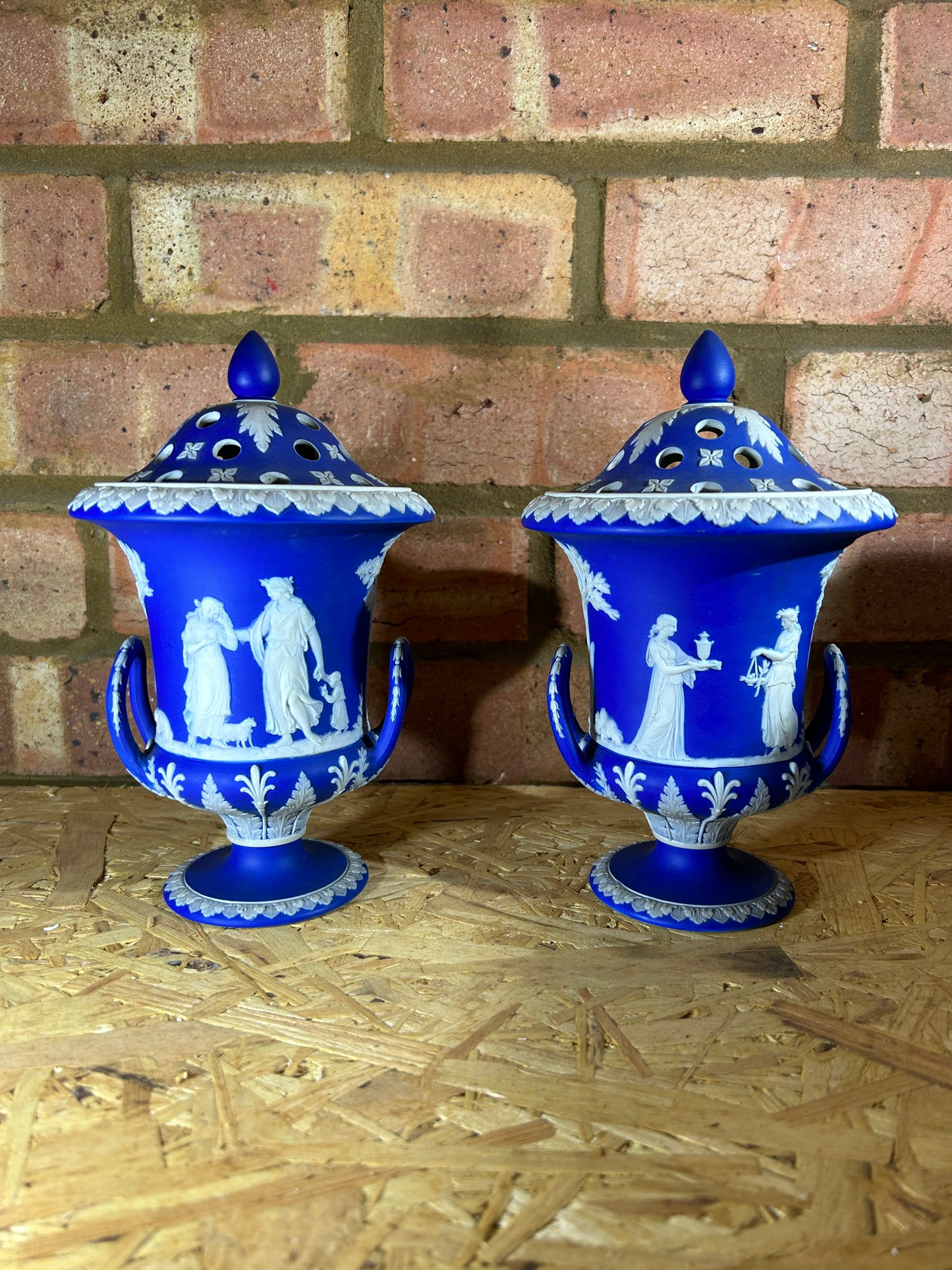 Wedgwood Pair Blue Potpourri Campana Urn Vases