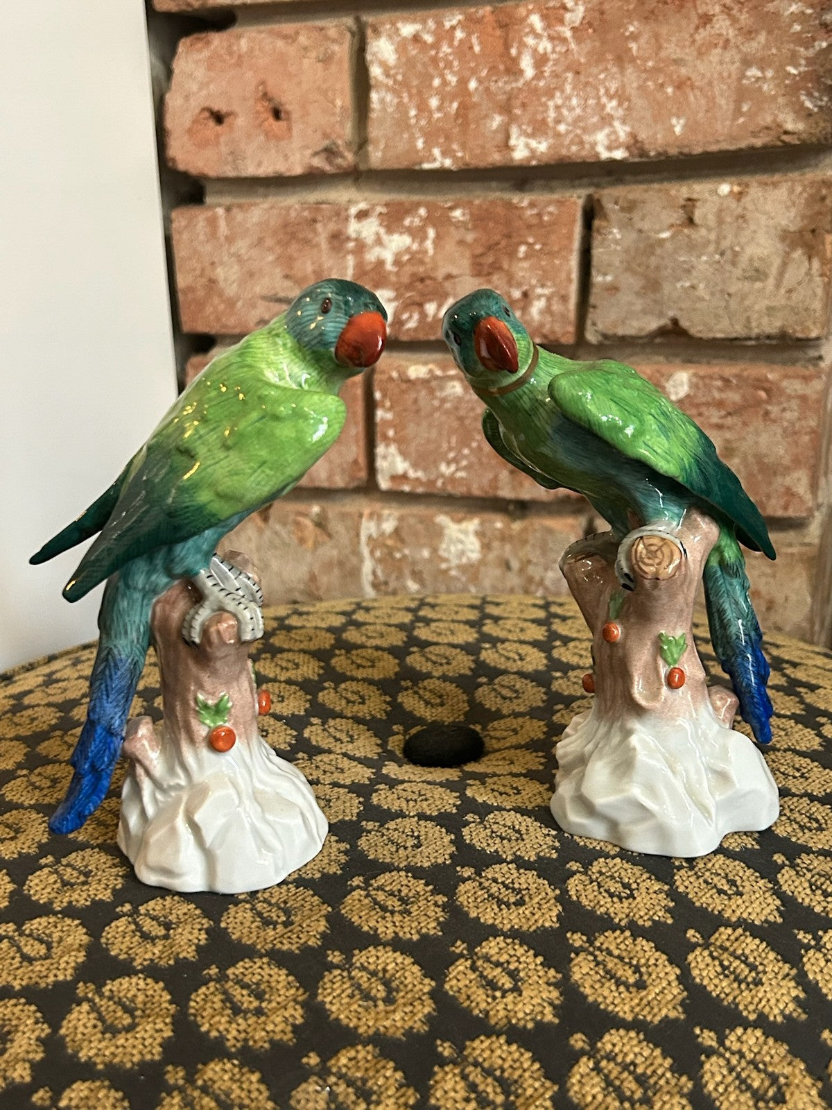 Pair Dresden Porcelain Green Parrot Figures Perched on Tree Stumps Blue Mark2