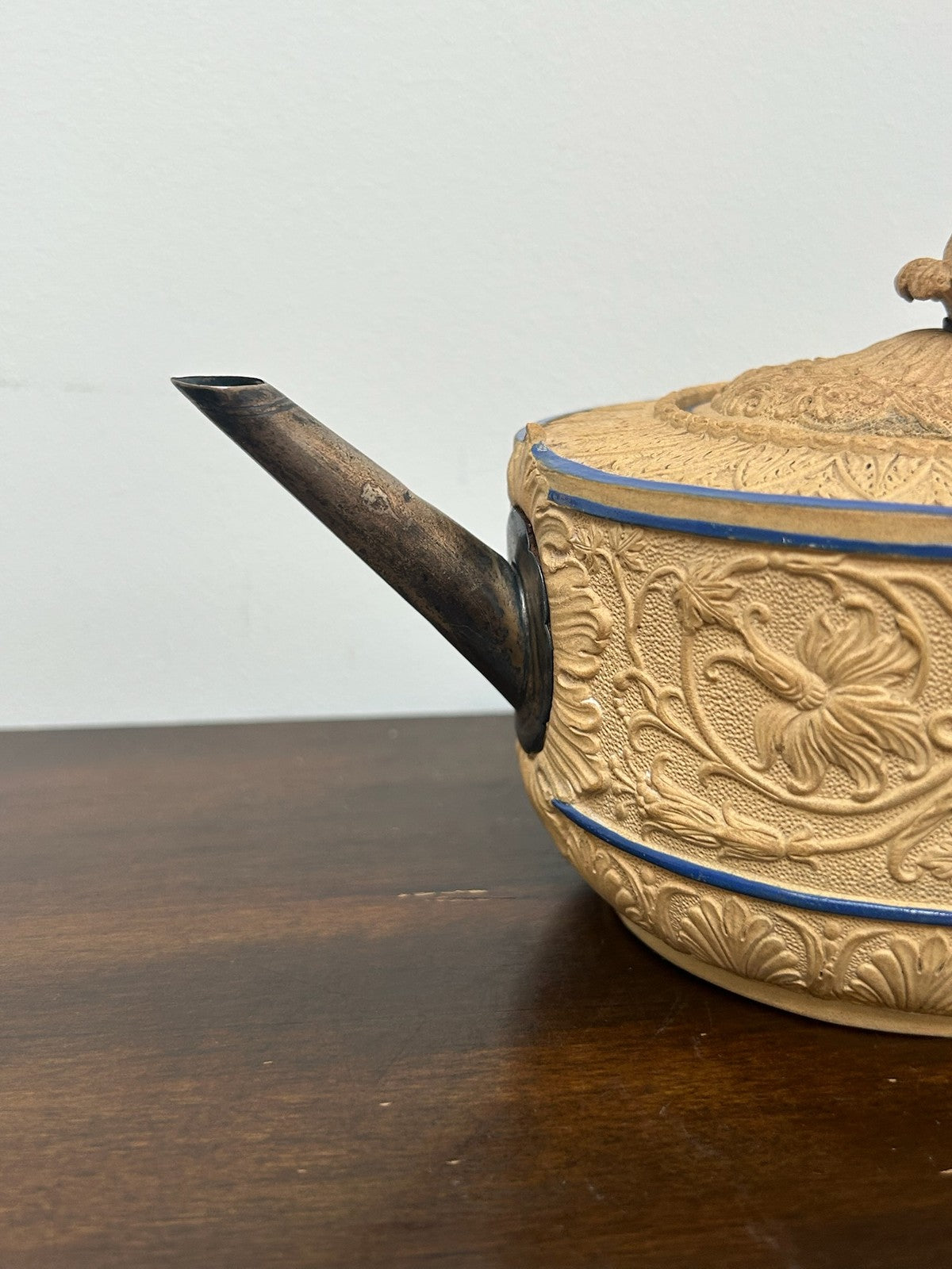 Antique Caneware Teapot Regency c1815 Relief Blue Line Silver Spout Stoneware2