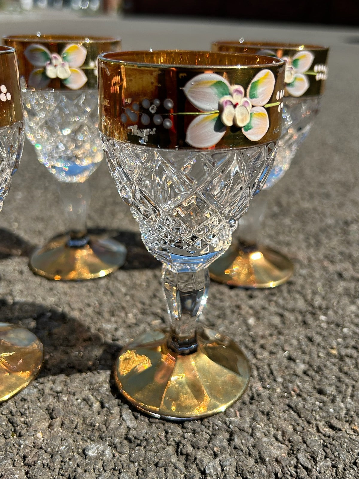 Set of 6 Bohemian Style Cut Crystal Wine Glasses Gilt Bands Enamelled Flowers6