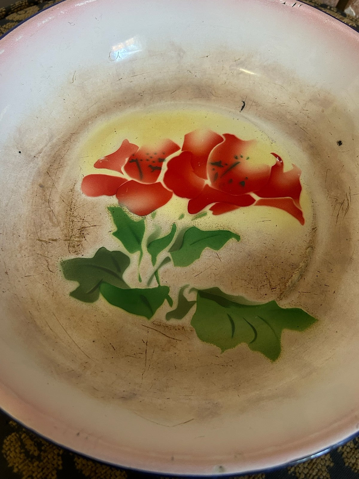 Vintage Chinese Peacock Brand Enamel Basin Bowl Red Flower Cobalt Rim 24cm4