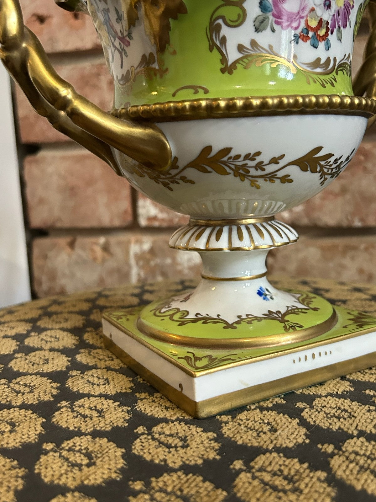 Dresden Porcelain Twin Handled Campana Urn Green Gilt Floral Reserves Plinth21