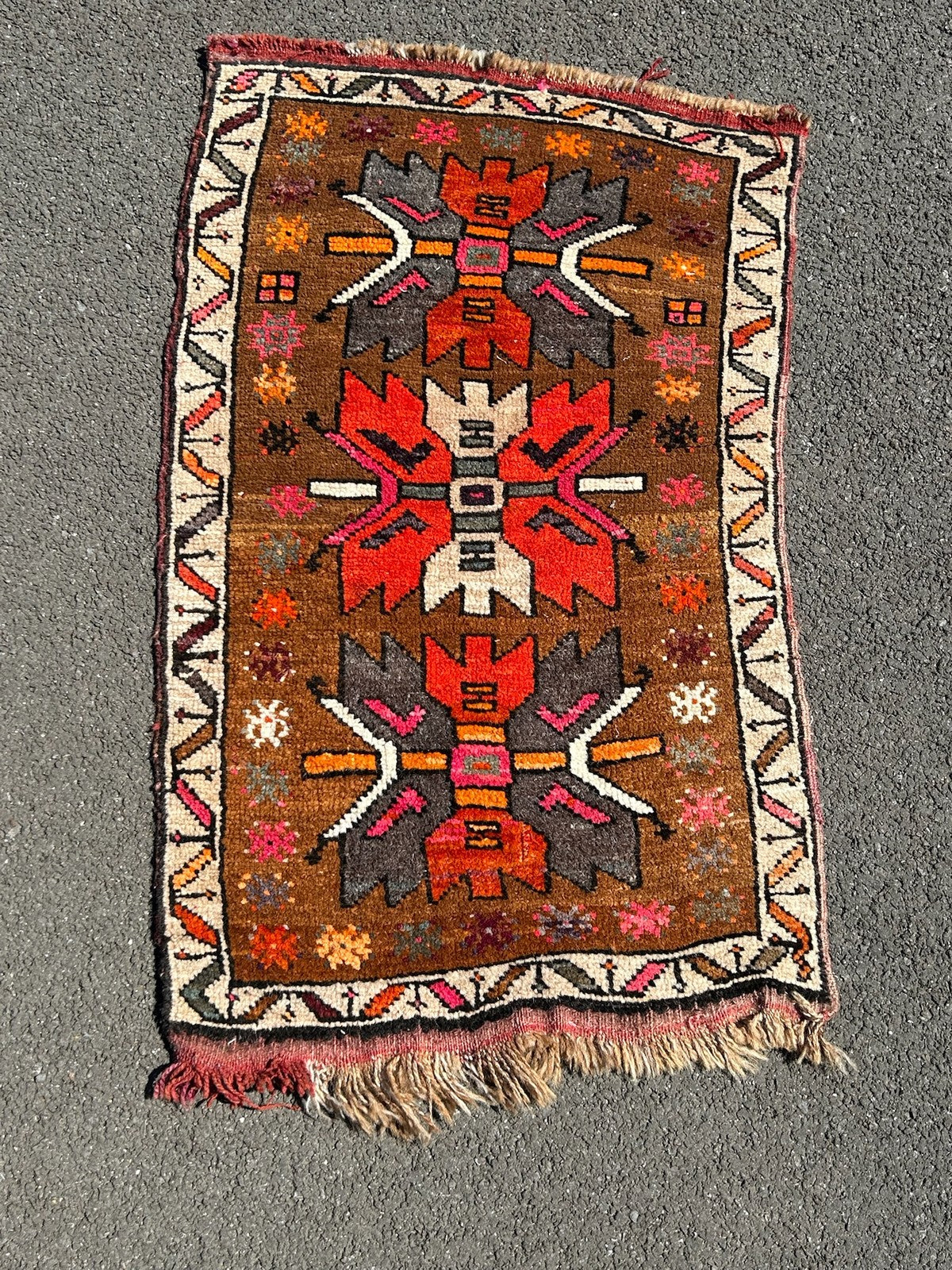 Vintage Tribal Rug Anatolian Style Red Orange Brown Geometric Hooked Medallions1