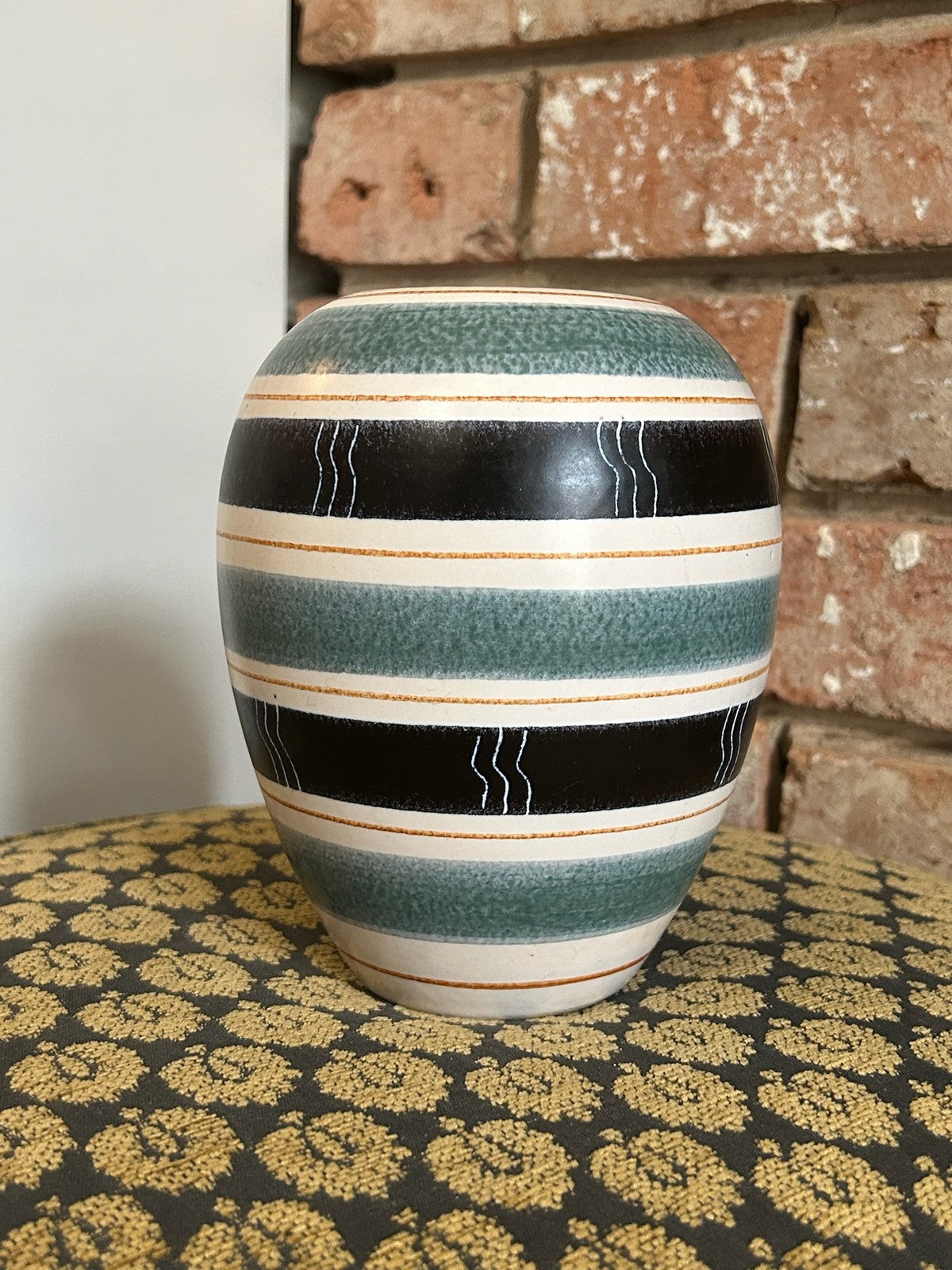 Vintage Pottery Vase Blue Black White Stripes Bands Retro Mid Century 31173