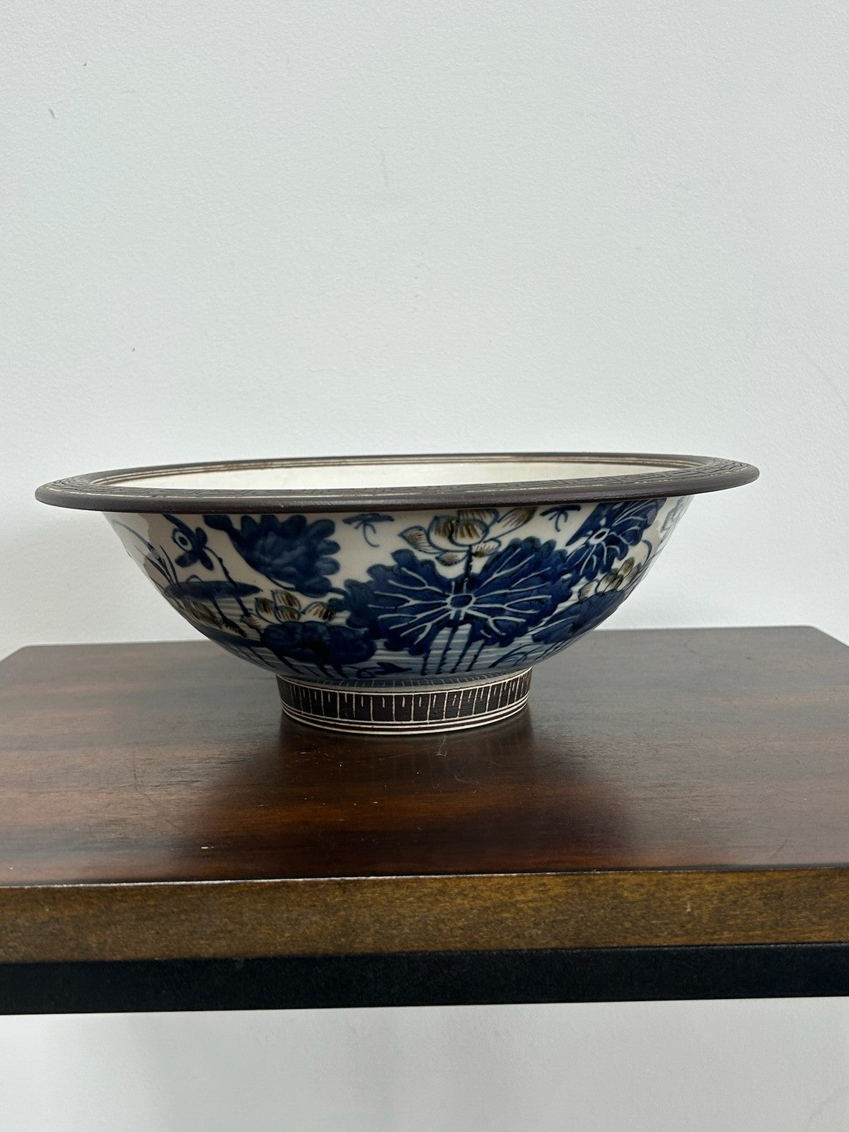 Antique Chinese Bleu de Hue Lotus Pond Bowl Metal Rim Vietnamese Market 26cm5