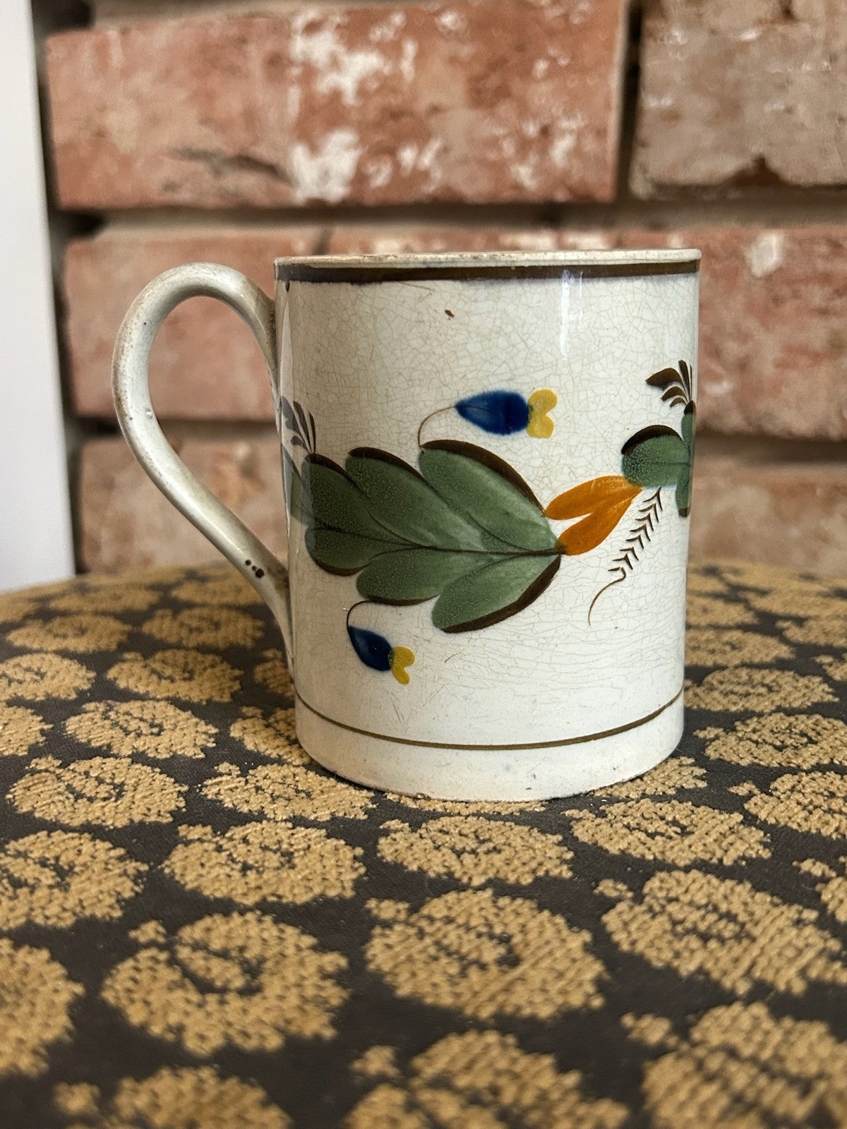 Antique English Pearlware Mug Hand Painted Green Leaves Blue Flowers Pattern No1