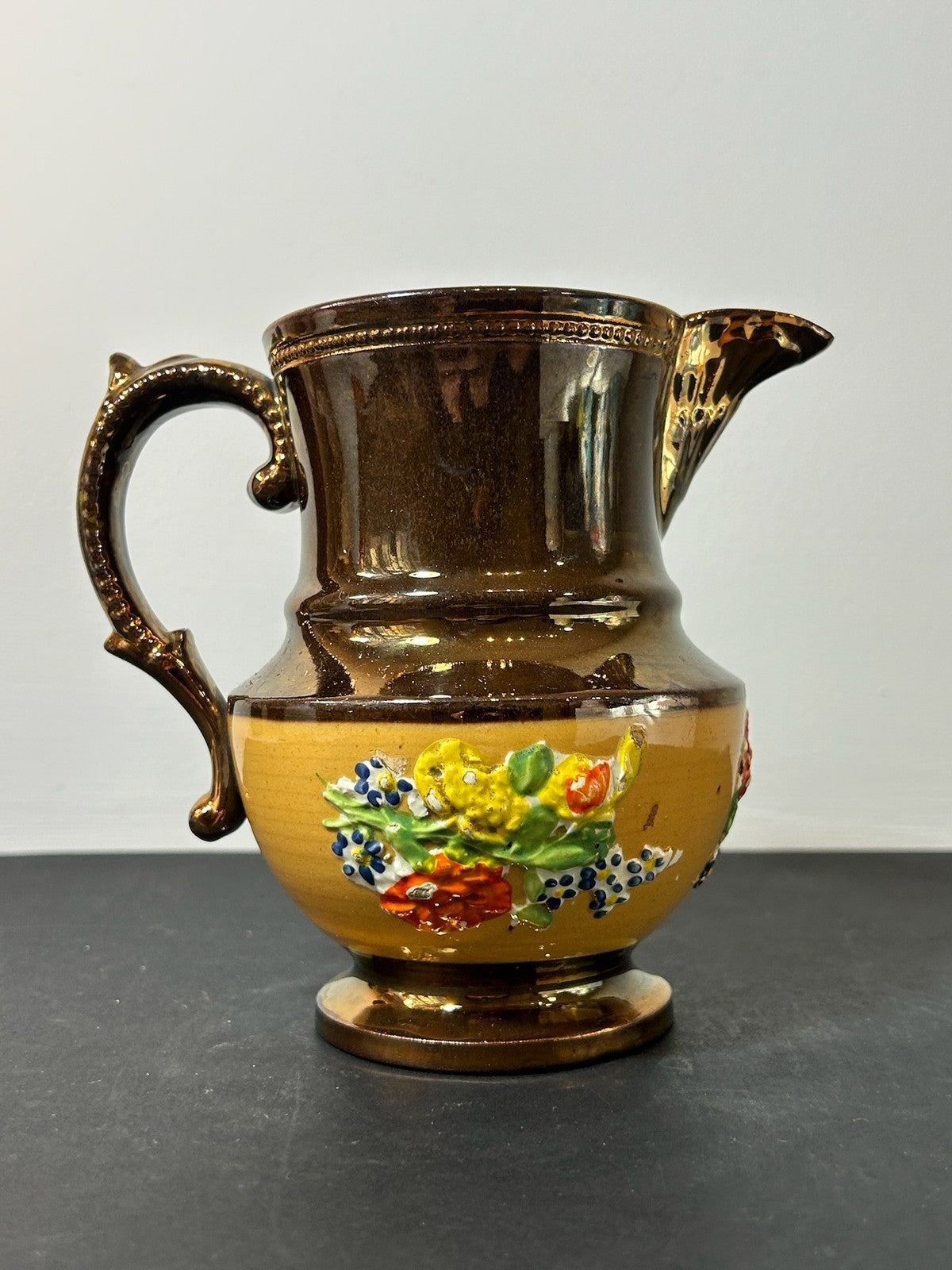 Victorian Copper Lustre Jug Yellow Band Moulded Flowers 15cm0