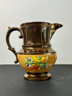 Victorian Copper Lustre Jug Yellow Band Moulded Flowers 15cm