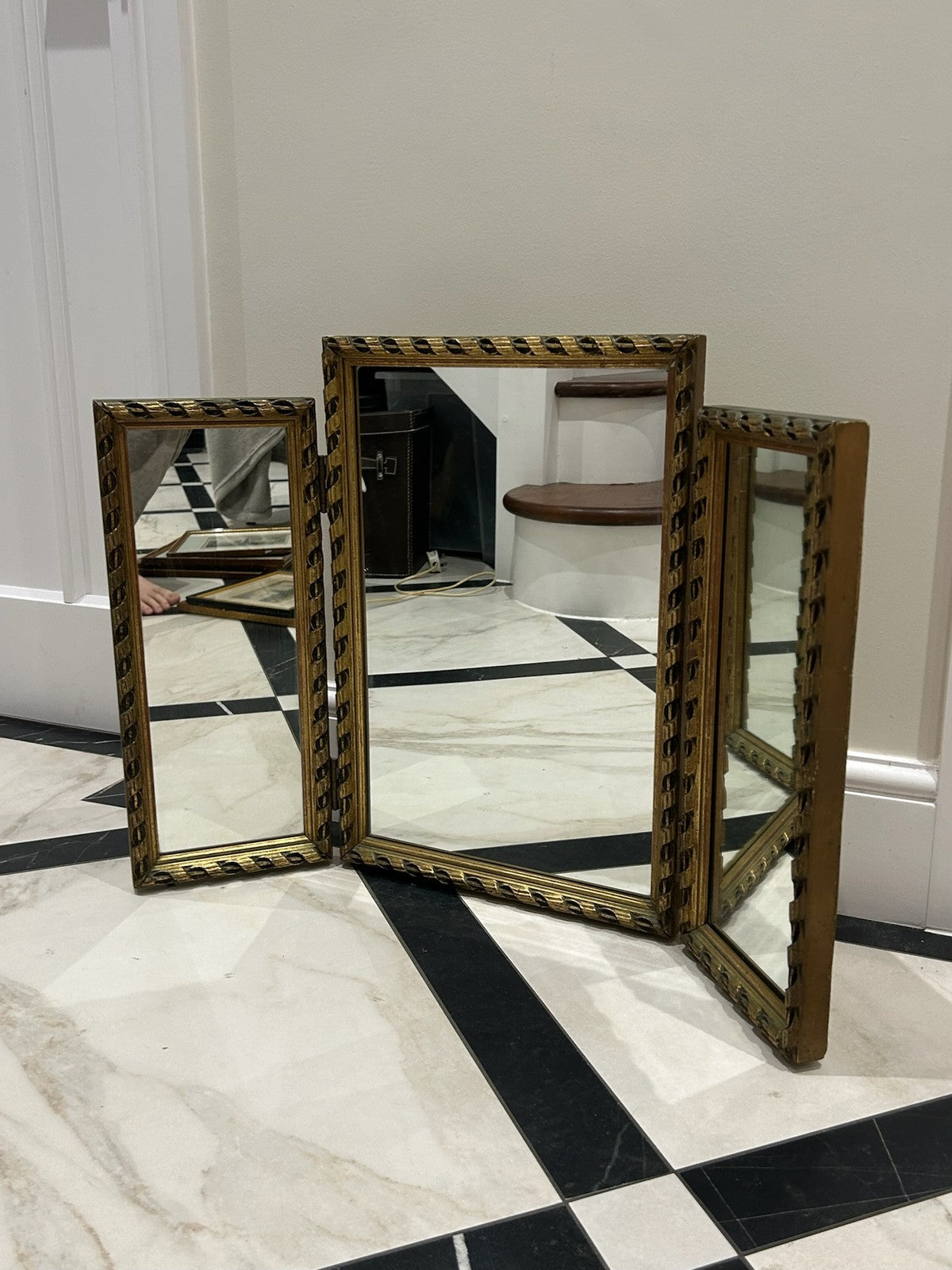Antique Three Piece Dressing Table Mirror Gold Frame Vintage Vanity 49x70cm8