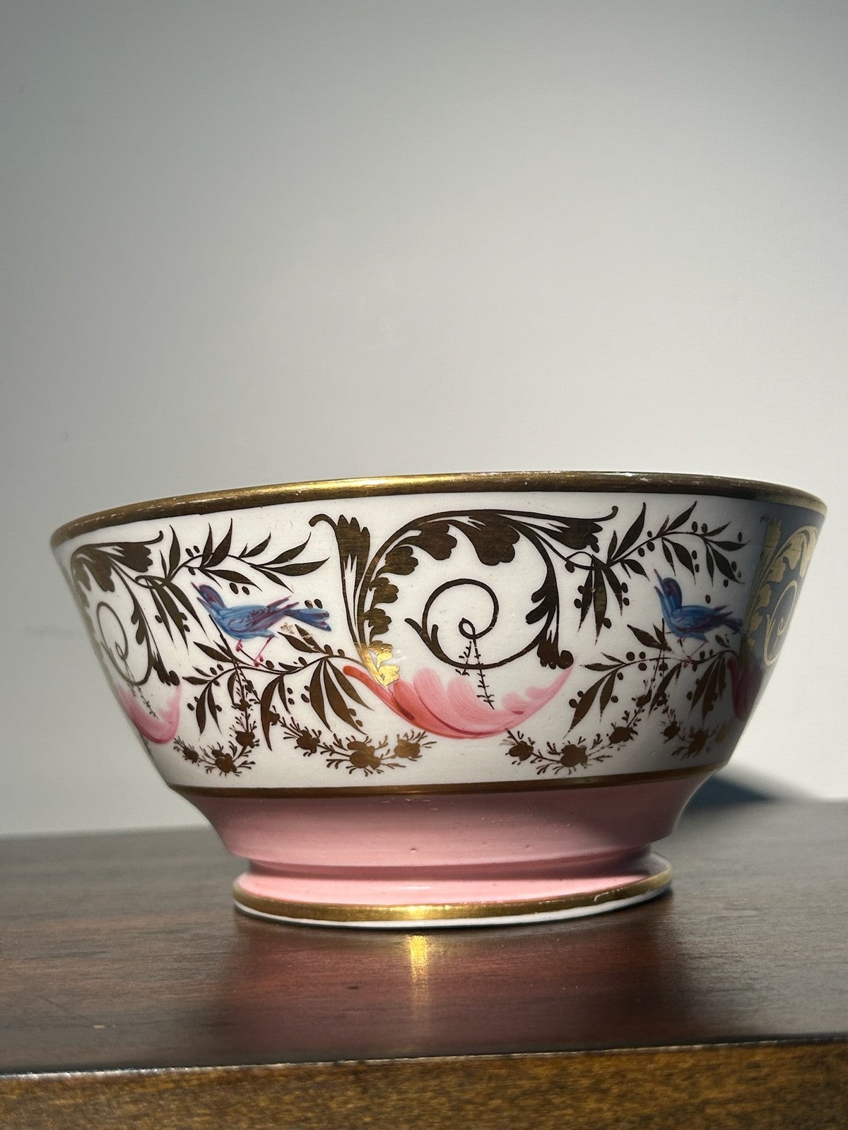 English Regency Porcelain Slop Bowl c.18201840 Hand Painted Birds Pink 17cm1