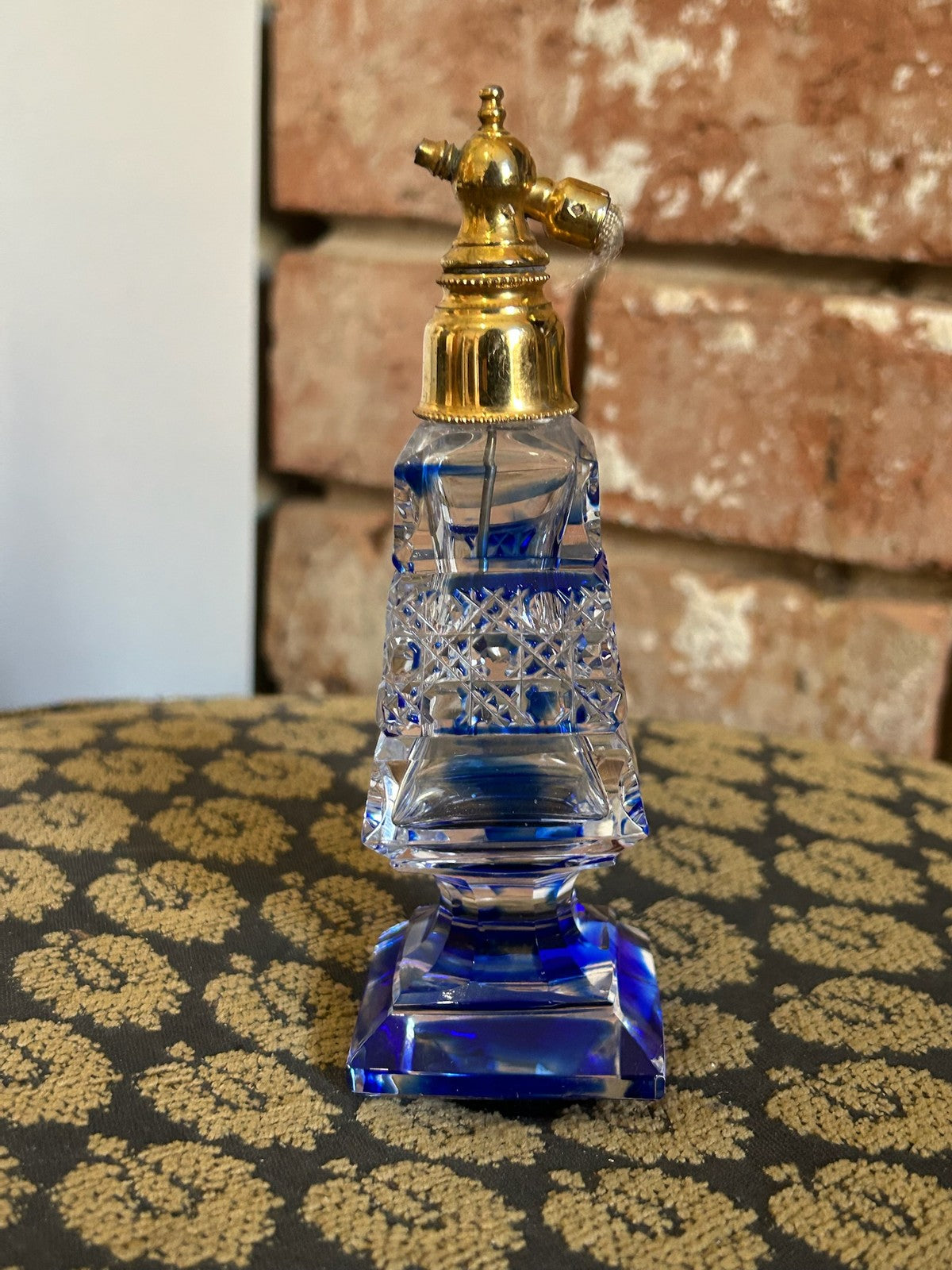 Vintage Czech Style Cut Crystal Perfume Atomiser Cobalt Blue Base Gilt Head3