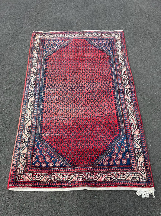 Antique Oriental Hand Knotted Boteh Mir Wool Rug Red Indigo NTC Label 212x135cm0