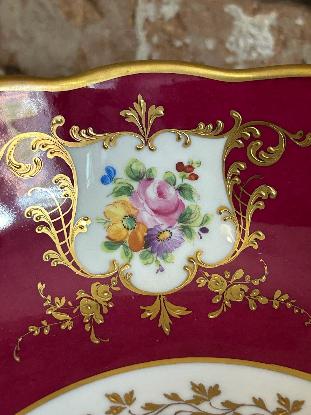 Le Tallec Paris Hand Painted Porcelain Bowl Crimson Gilt Floral Scalloped Rim13
