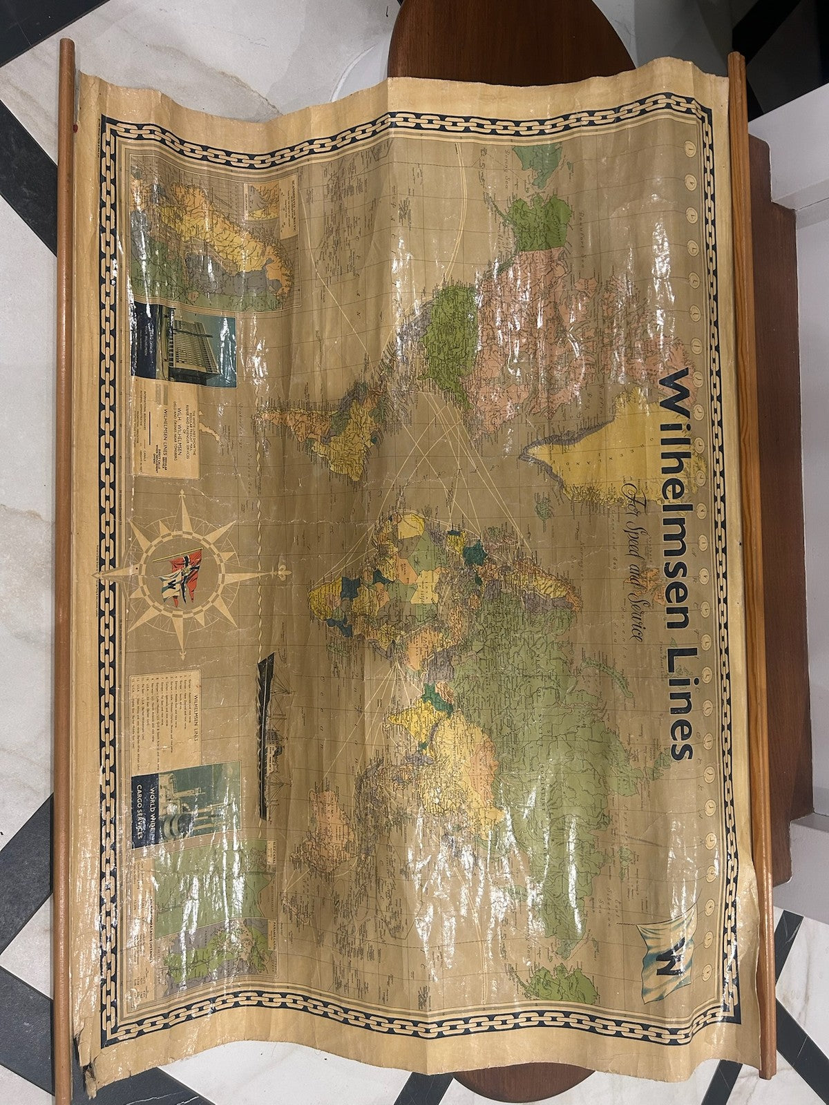 Vintage Wilhelmsen Lines Norway World Shipping Route Map Wall Chart c.1960s0