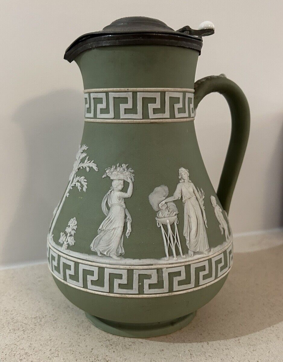 Wedgwood Pewter Lid Greek Key Green Milk Pitcher Jug