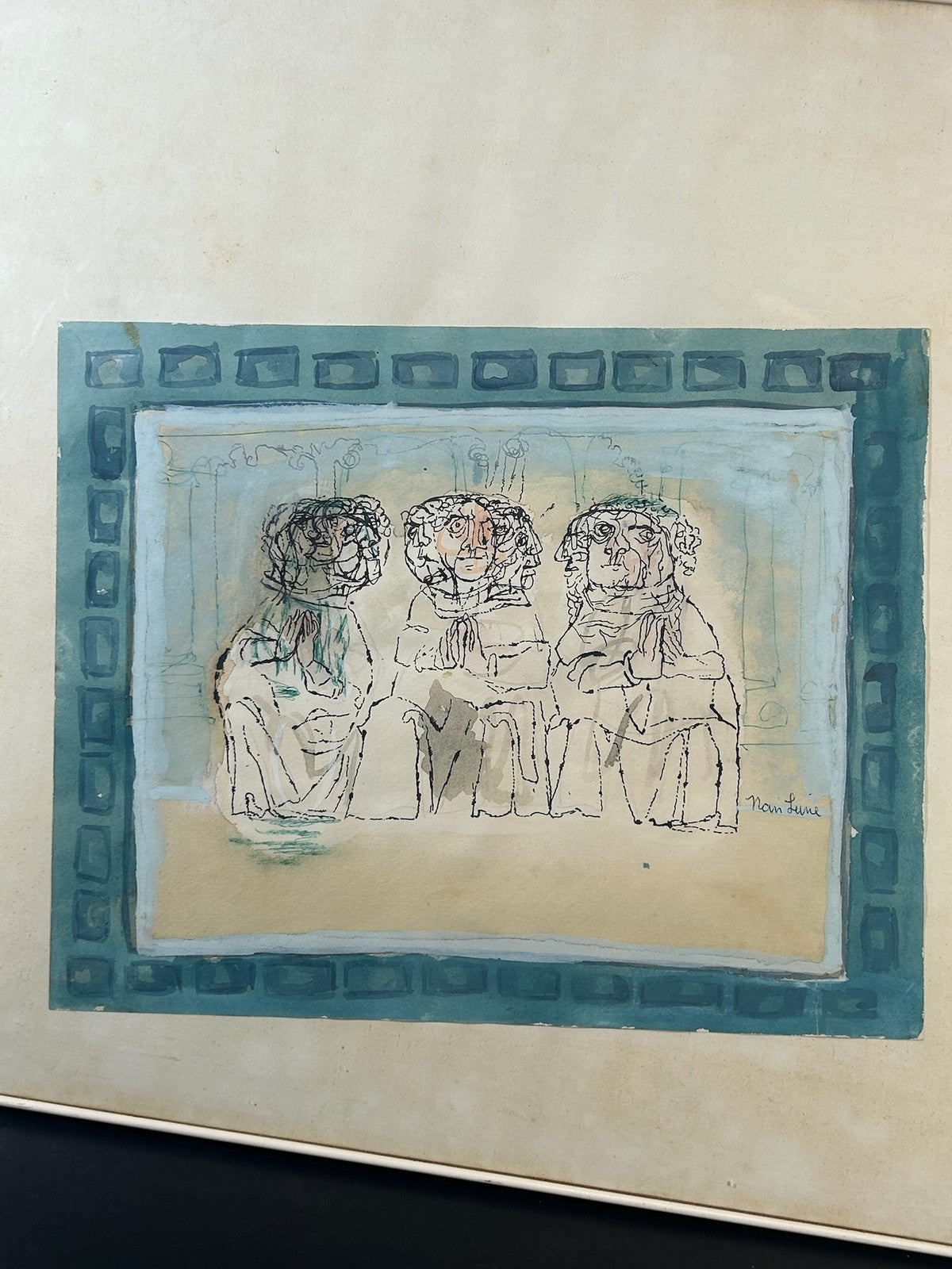 Nan Lurie 1910 1985 Original Signed Mixed Media Drawing Three Figures WPA Artist0