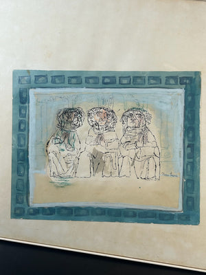 Nan Lurie 1910 1985 Original Signed Mixed Media Drawing Three Figures WPA Artist