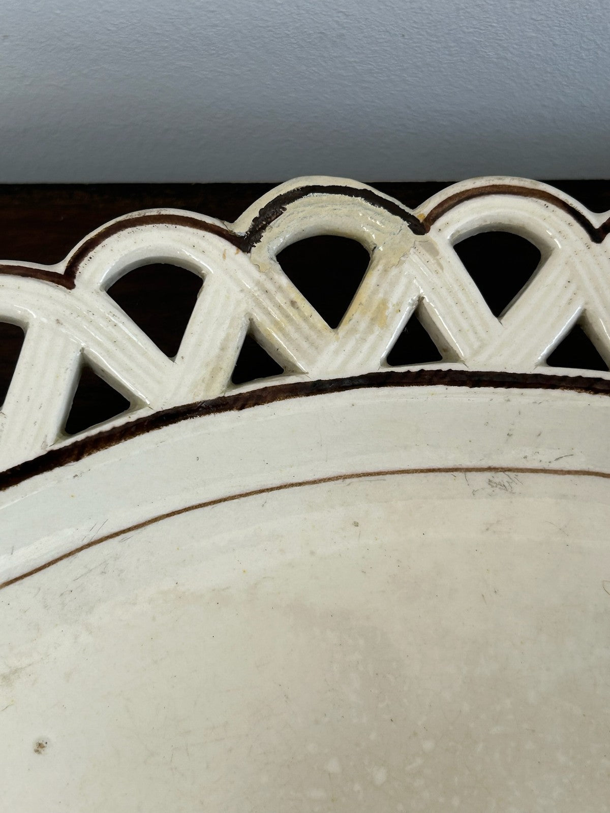 Antique Creamware Oval Dish Interlaced Pierced Border Brown Line3