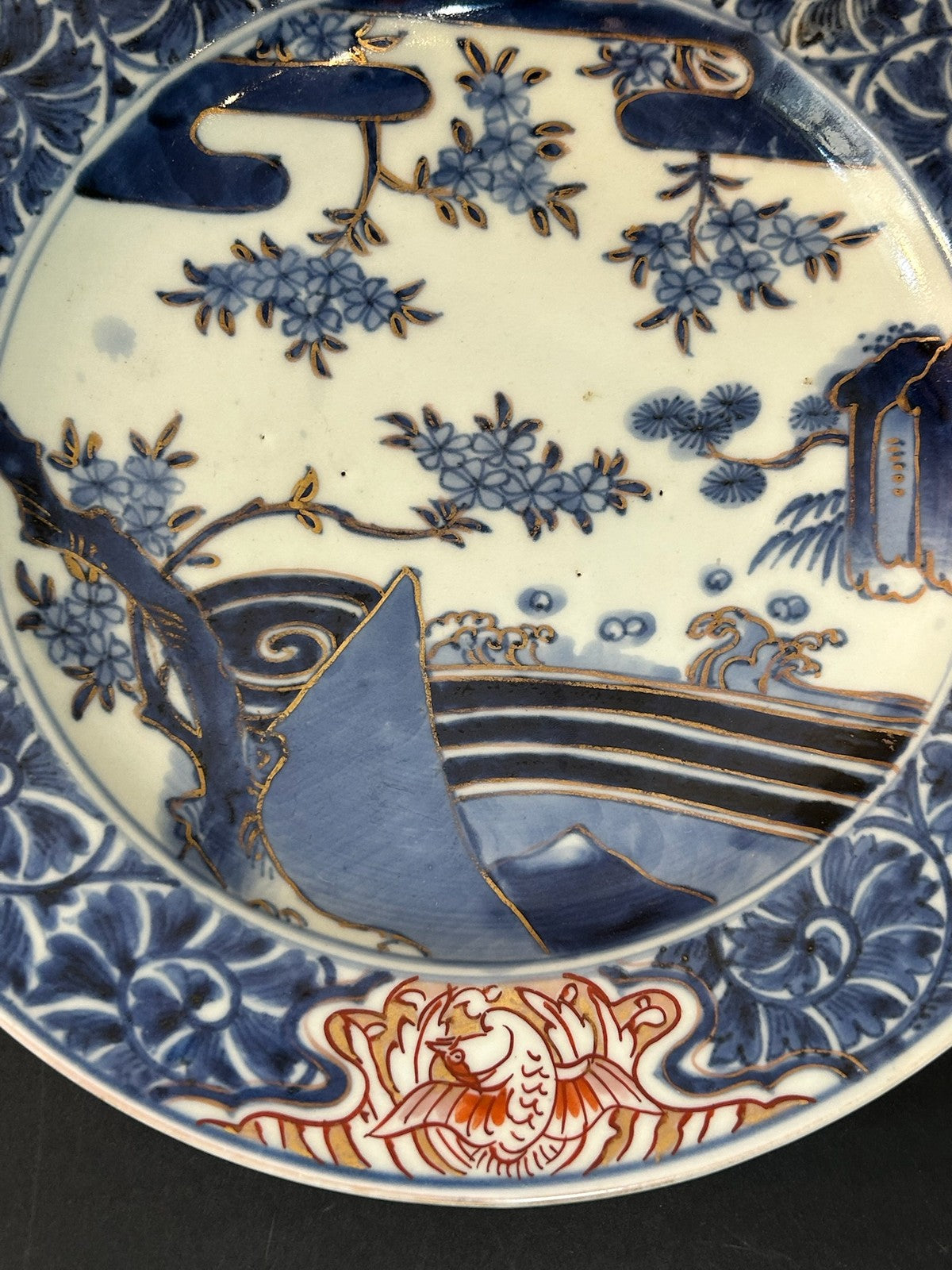 18th Century Japanese Arita Imari Dish Edo Pine Waves Chenghua Mark 24cm3