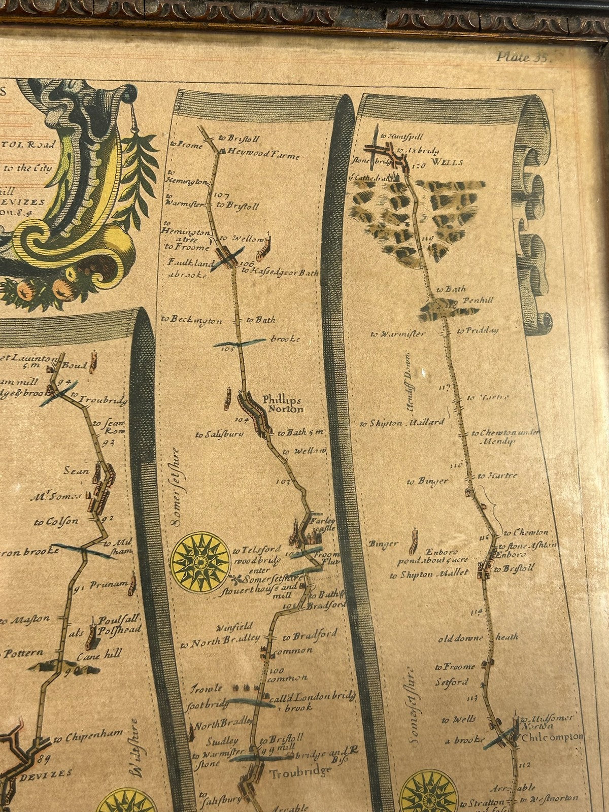 John Ogilby Road from London to Bath & Wells 17thC Strip Road Map Hand Coloured4