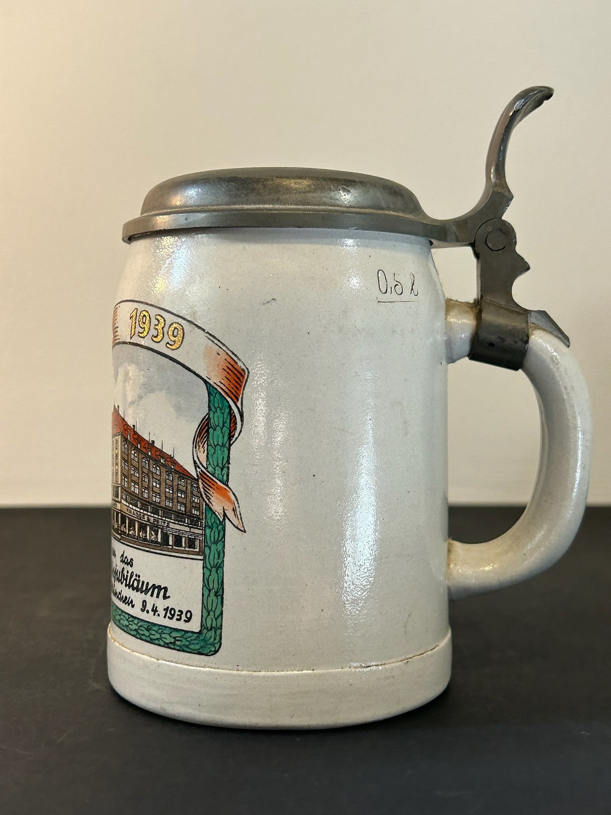 1939 Knagge & Peitz Munich 50 Year Jubilee Stoneware Beer Stein Pewter Lid4