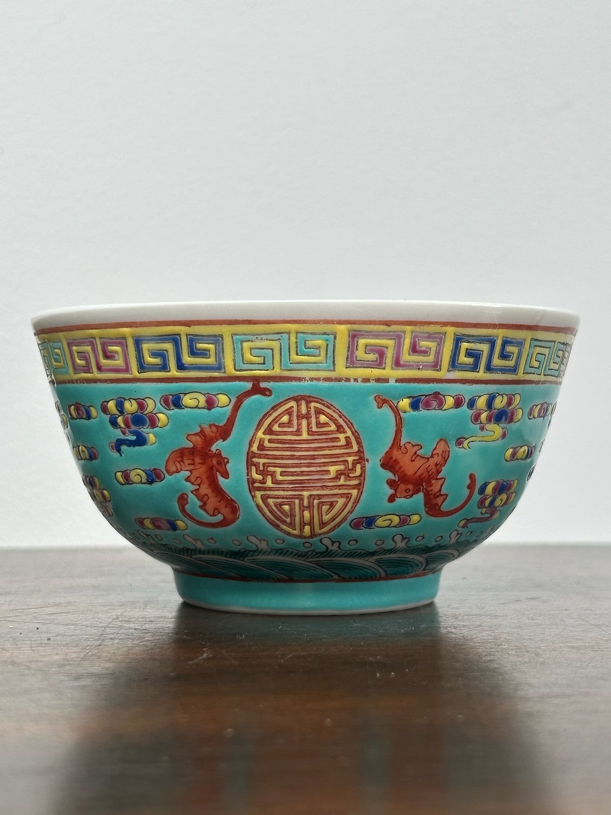 Pair Chinese Famille Rose Turquoise Ground Bats & Shou Bowls Jingdezhen Mark2