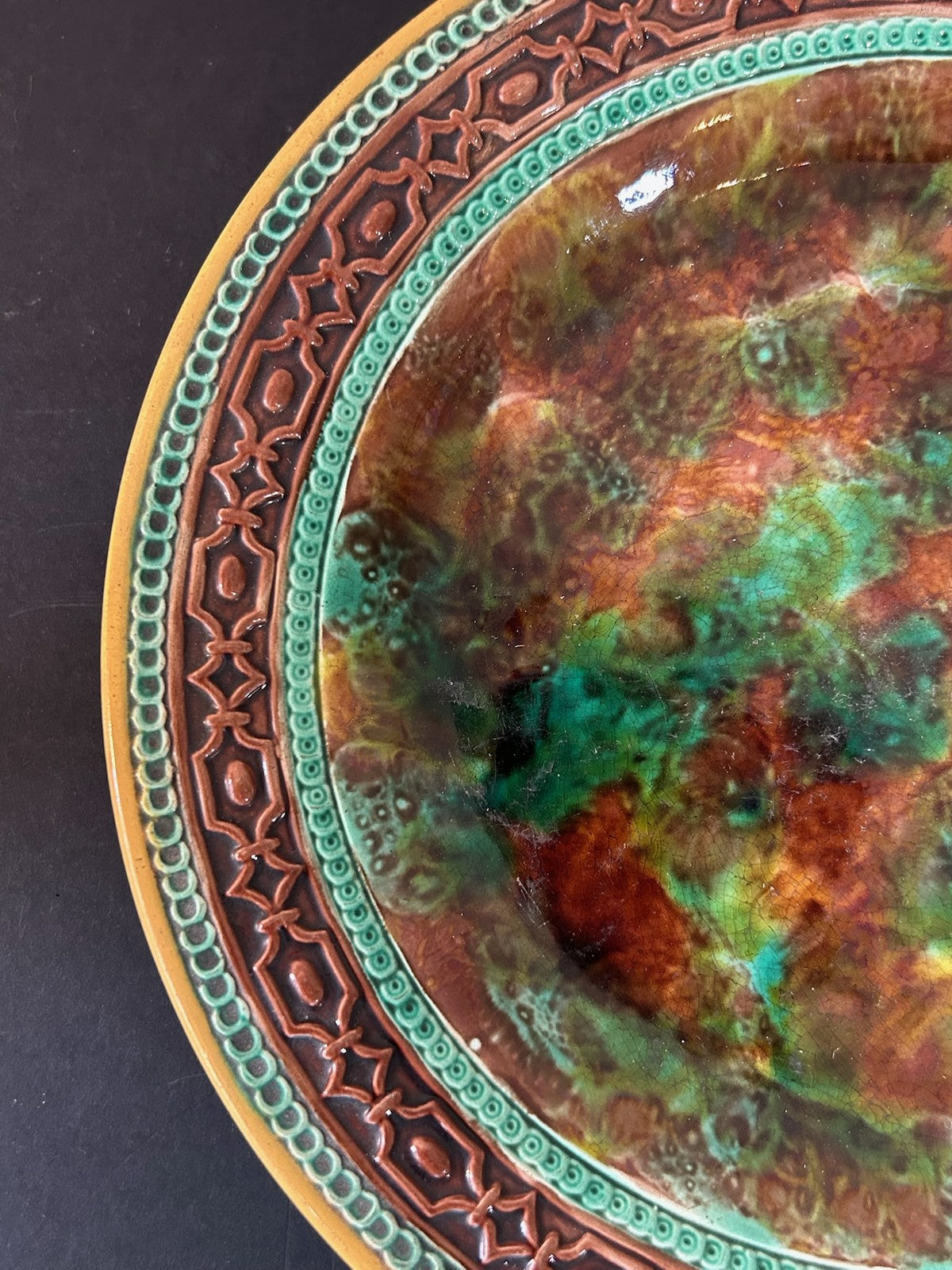 Antique George Jones Majolica Plate GJ Monogram Mottled Glaze Victorian 23cm A/F2