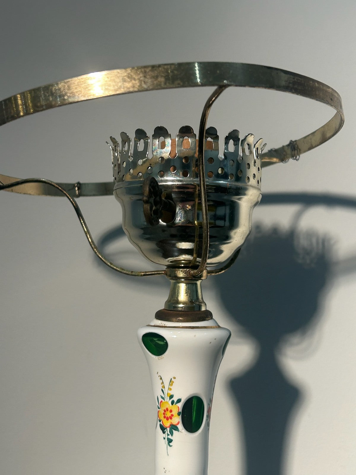 Antique Bohemian Overlay Glass Oil Lamp White Cut Green Hand Enamelled Brass7