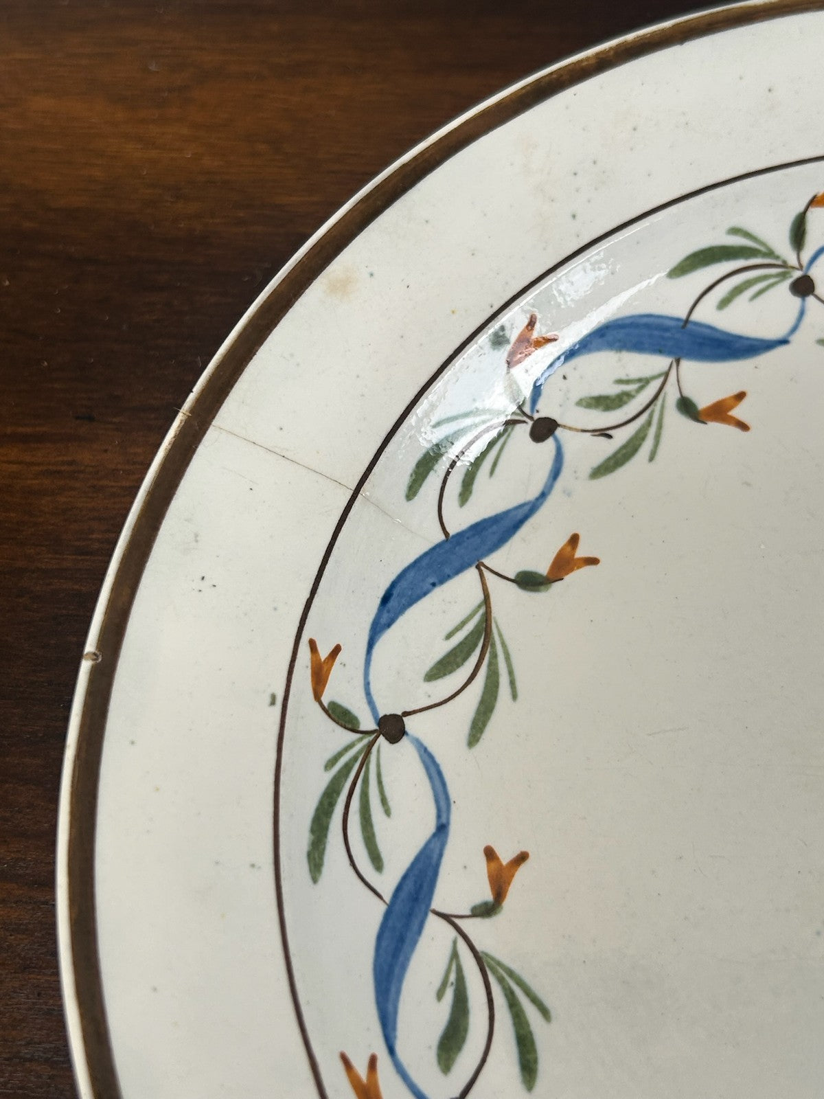 Antique Davenport Creamware Plate Hand Painted Blue Ribbon Floral Border c18102