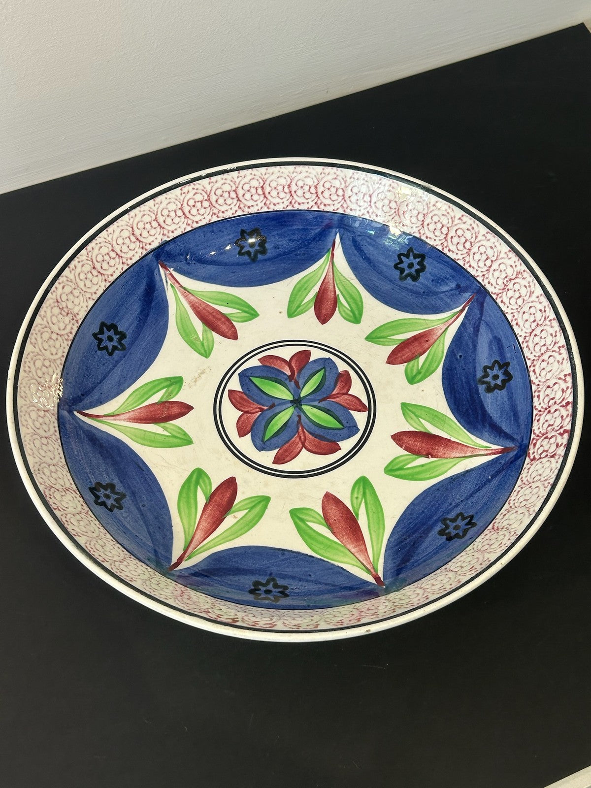Antique 19th Century Spongeware Hand Painted Plate Blue Red Green Leaves 28cm0