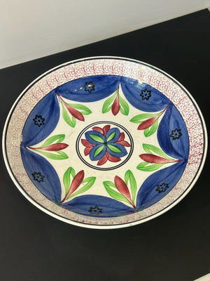 Antique 19th Century Spongeware Hand Painted Plate Blue Red Green Leaves 28cm