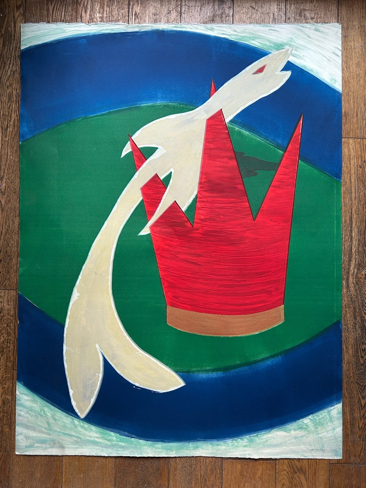 John Newling Signed Mixed Media on Paper Crown & Fish Blindstamp 108cm0
