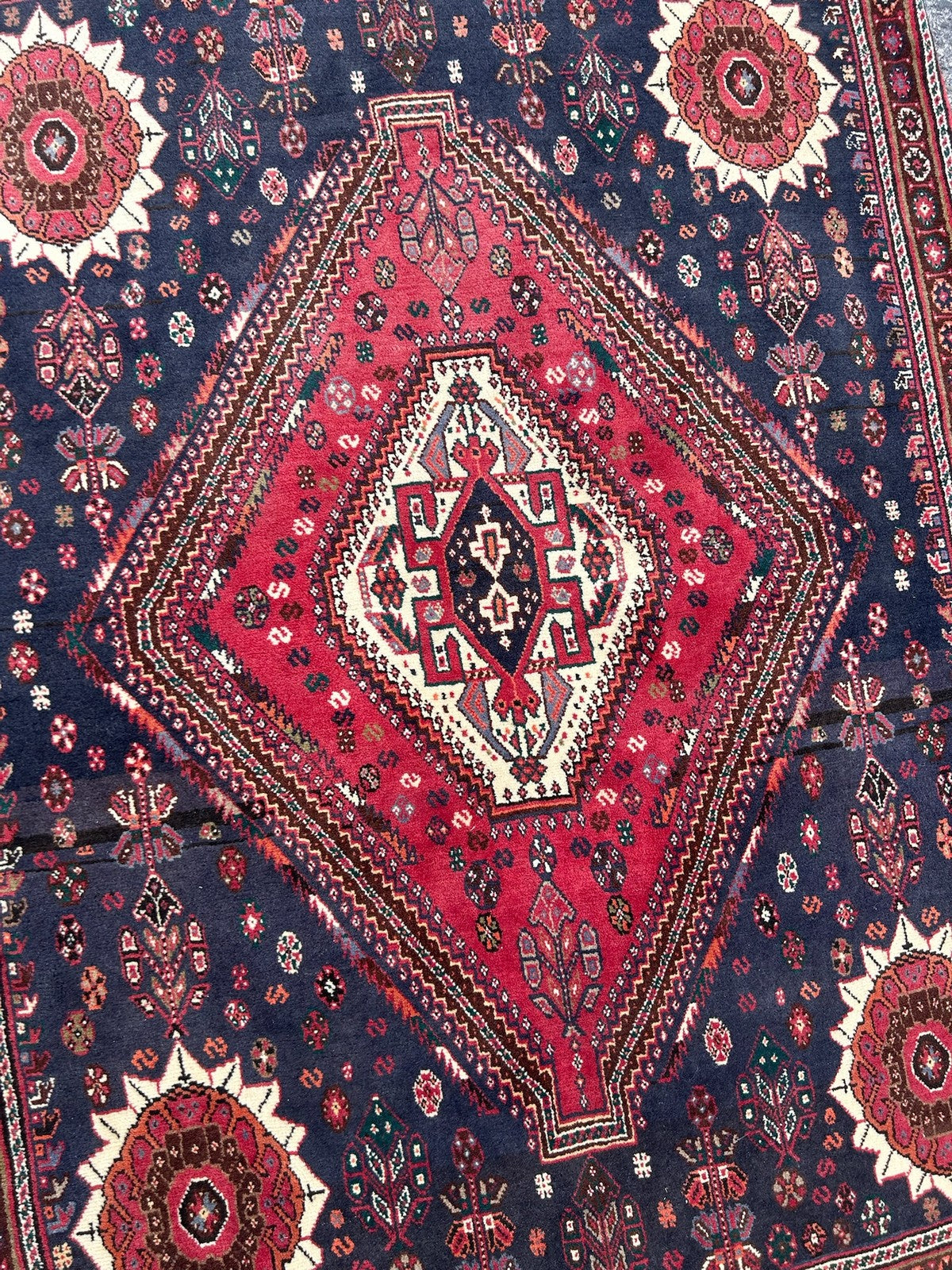 Vintage Oriental Rug Red Navy Central Medallion Floral Pattern Wool Fringed6