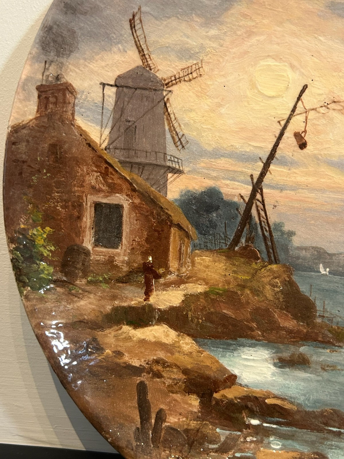 Clement Massier Vallauris Hand Painted Plate Coastal Windmill Scene 21cm1